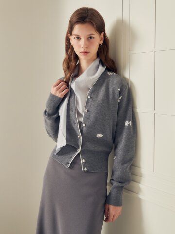 자카드 펄 장식 브이넥 가디건 