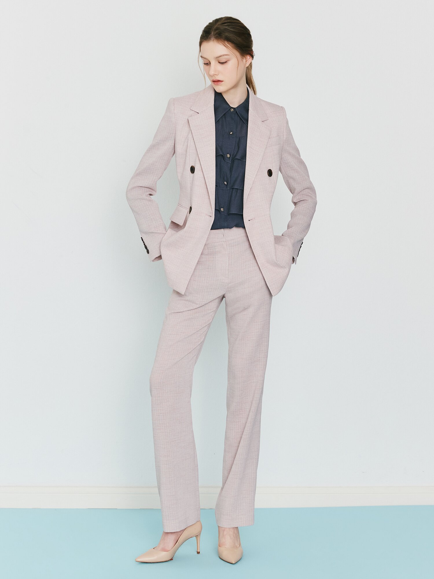 슬림핏 멜란지 테일러드 더블 재킷 (MELANGE PINK)