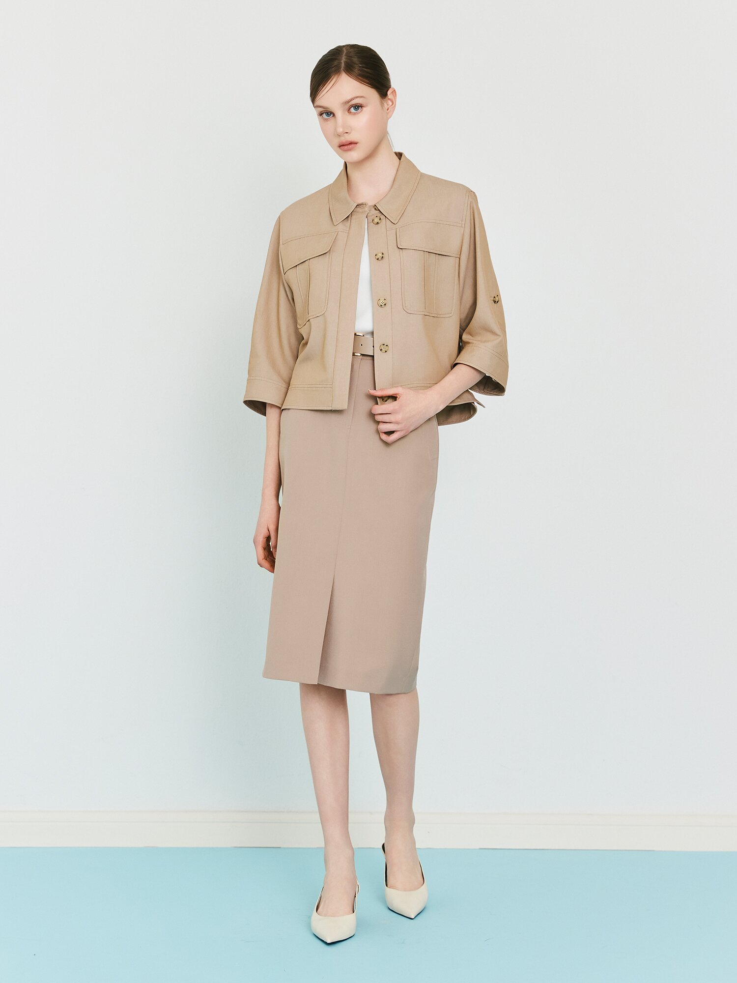 사이드 버튼 슬릿 펜슬 스커트 (BEIGE)