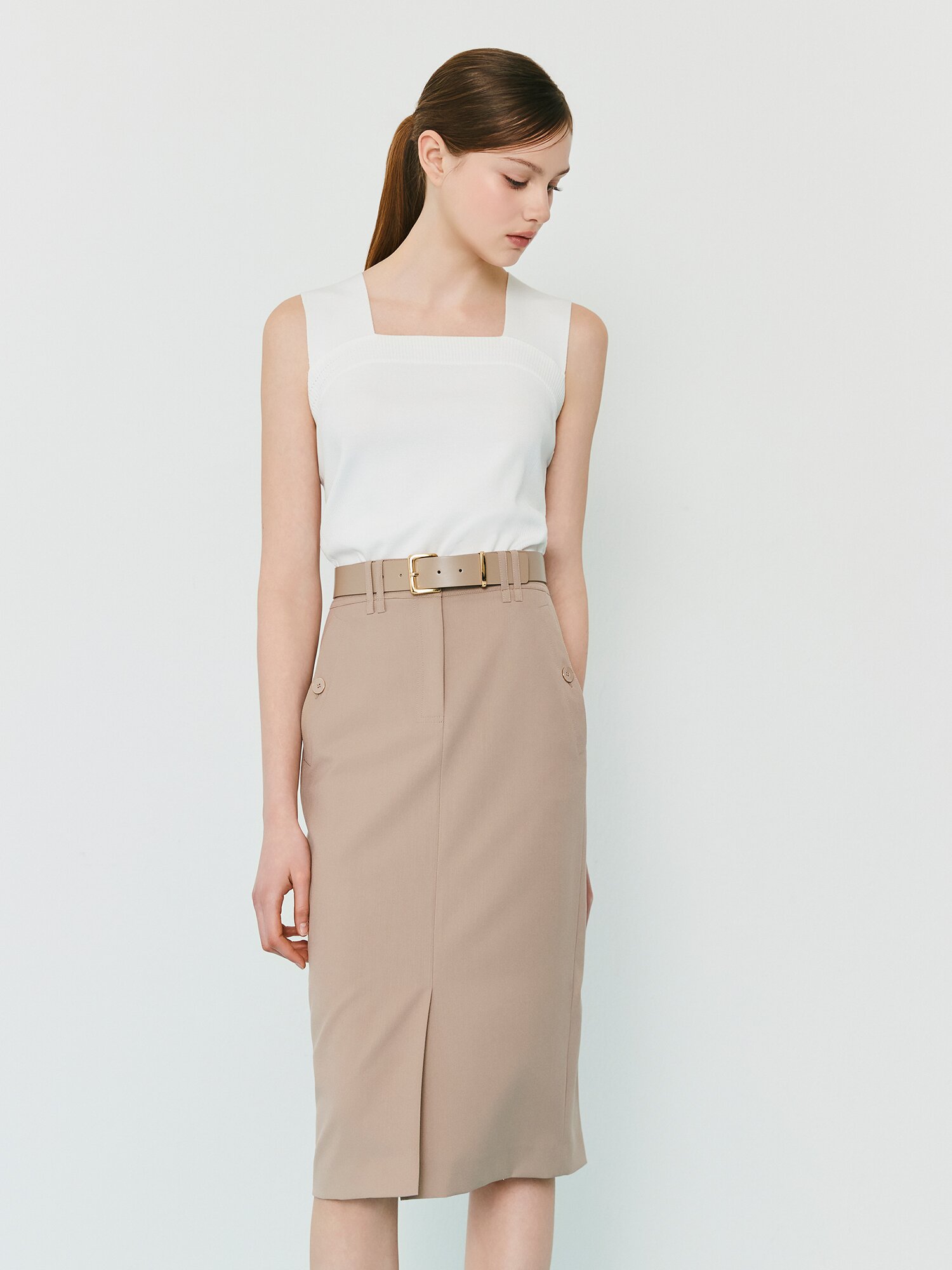 사이드 버튼 슬릿 펜슬 스커트 (BEIGE)