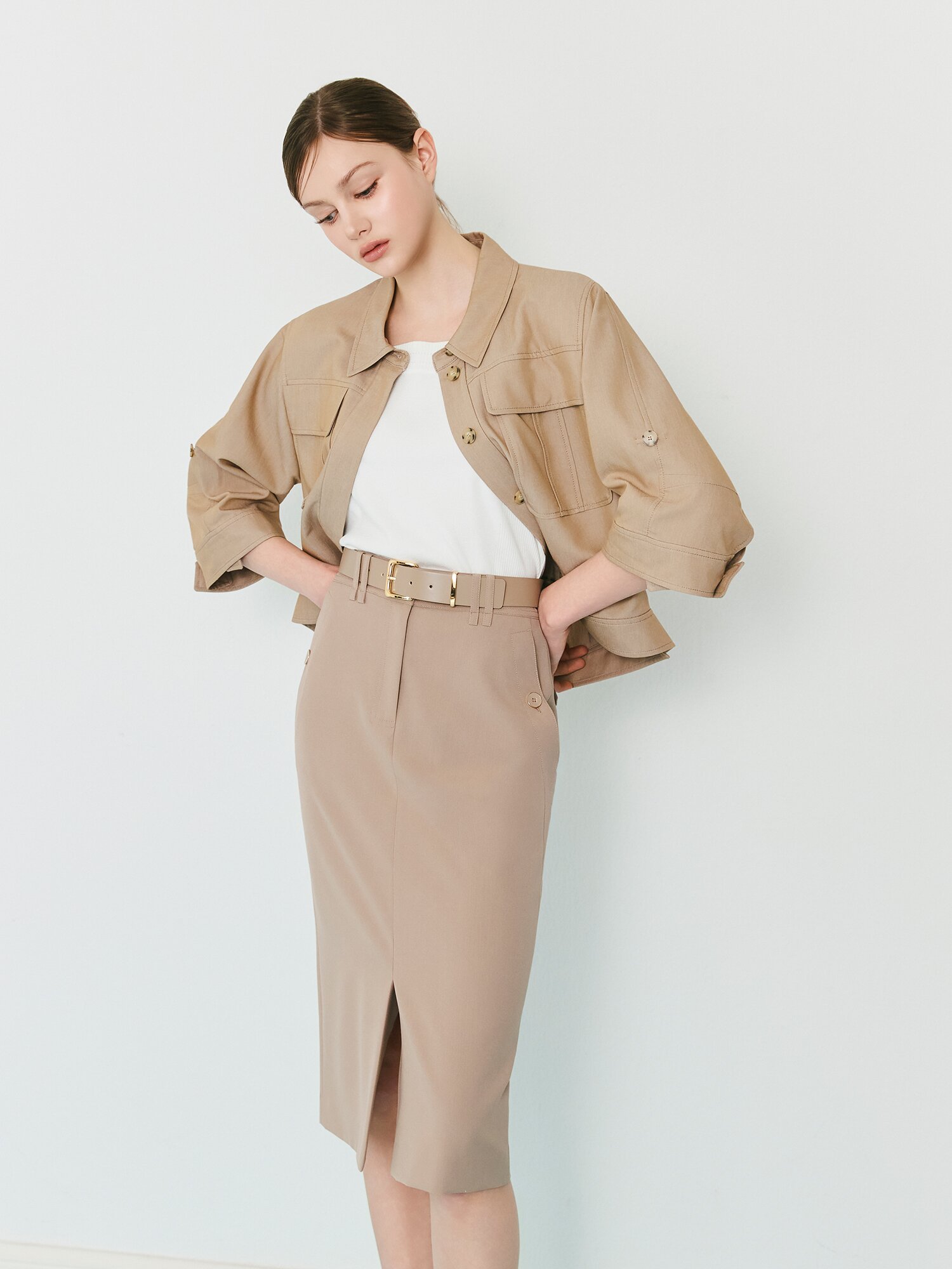 사이드 버튼 슬릿 펜슬 스커트 (BEIGE)