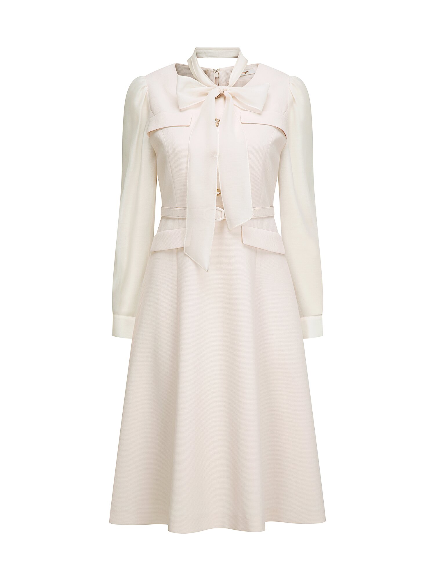 타이 시스루 슬리브 플레어 원피스 (LIGHT BEIGE)