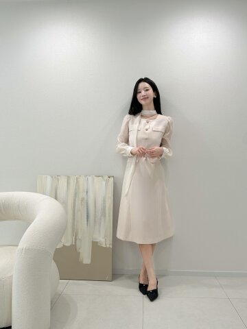 타이 시스루 슬리브 플레어 원피스 