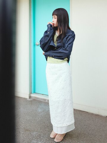 스팽글 시스루 헴 H라인 스커트 