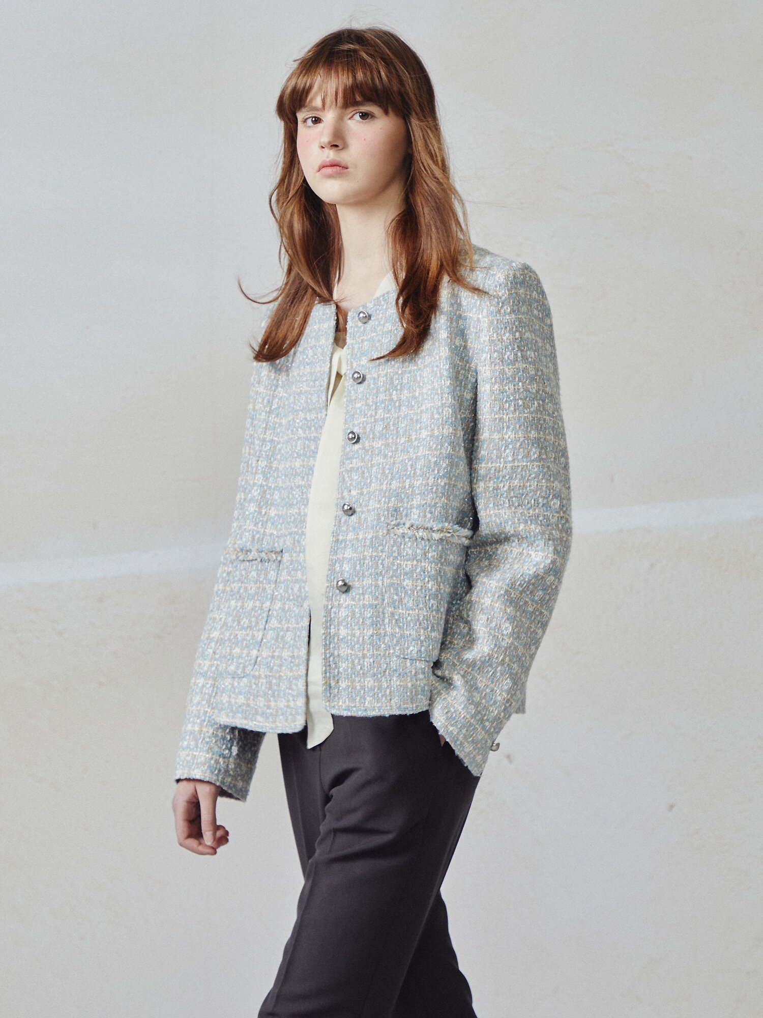 라운드넥 포켓 트위드 재킷 (SKY BLUE)