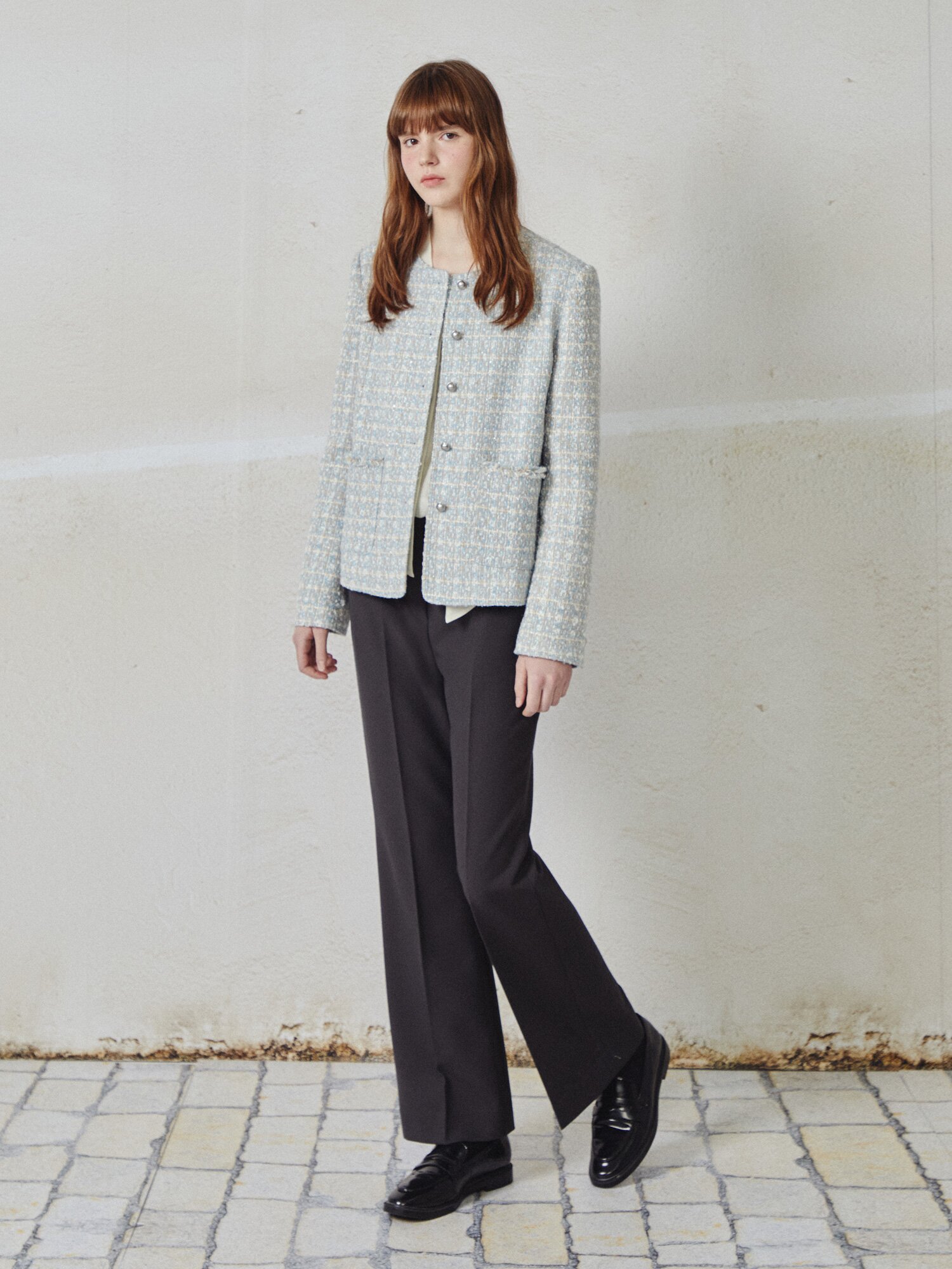 라운드넥 포켓 트위드 재킷 (SKY BLUE)