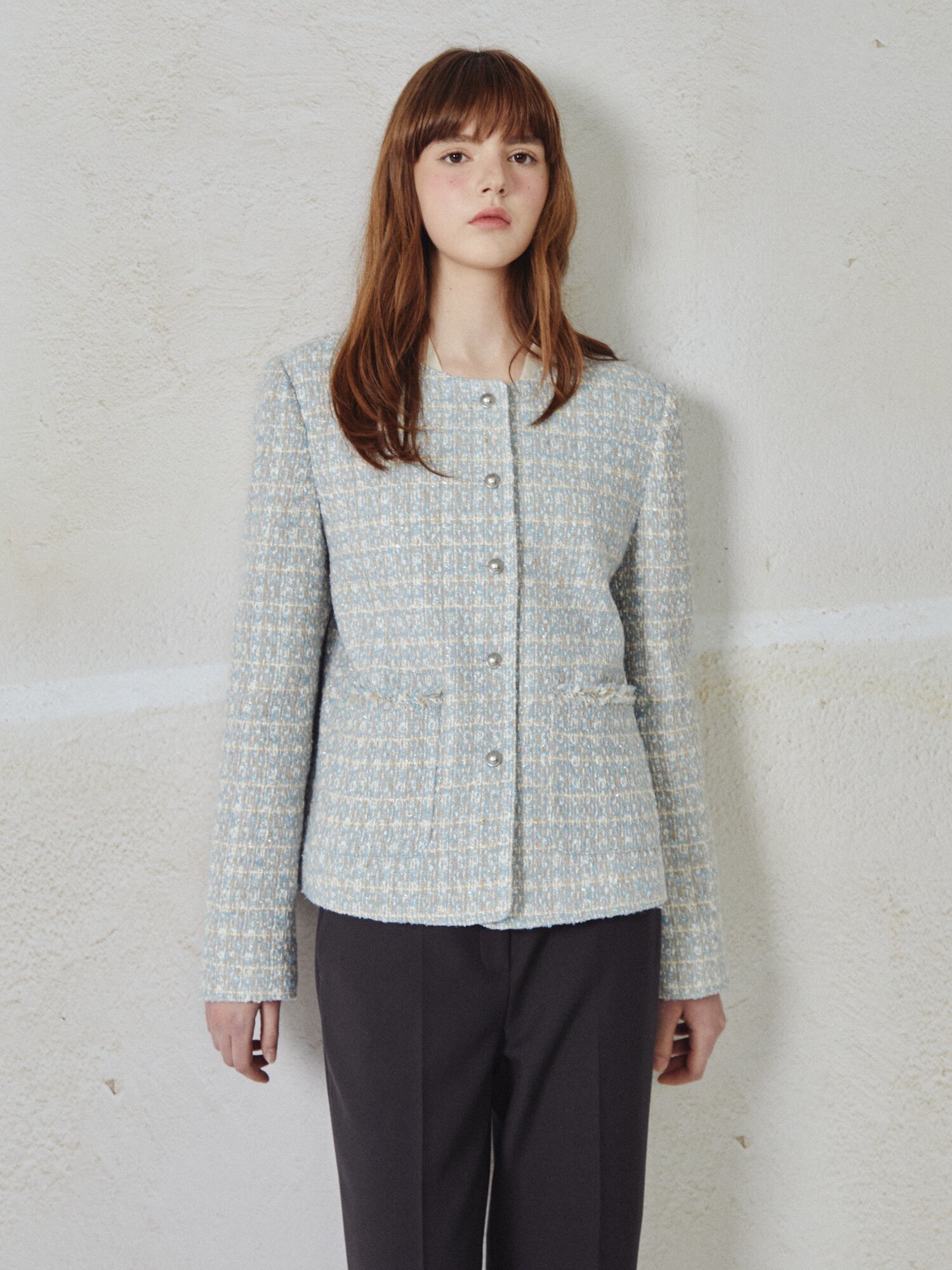 라운드넥 포켓 트위드 재킷 (SKY BLUE)