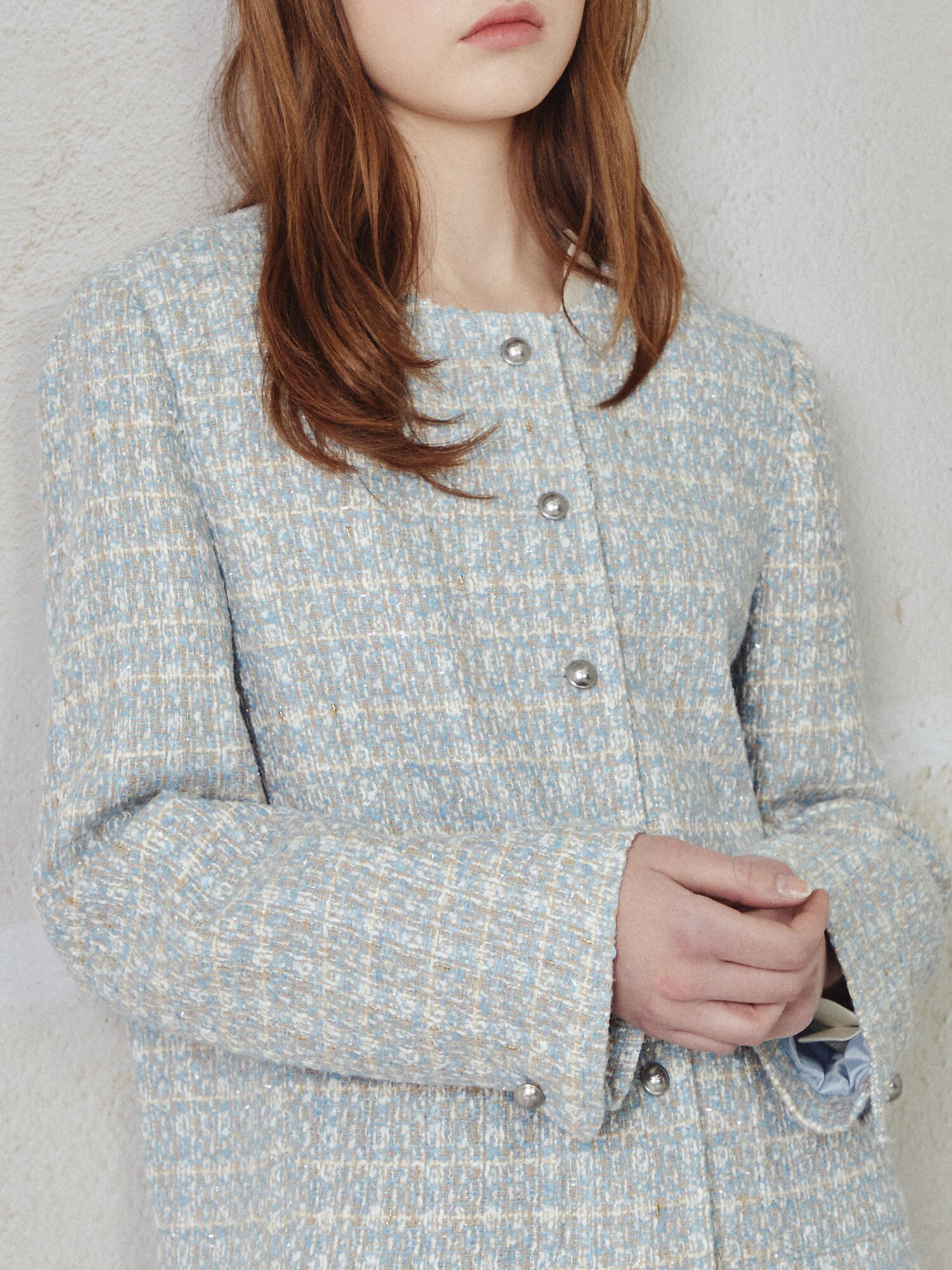 라운드넥 포켓 트위드 재킷 (SKY BLUE)