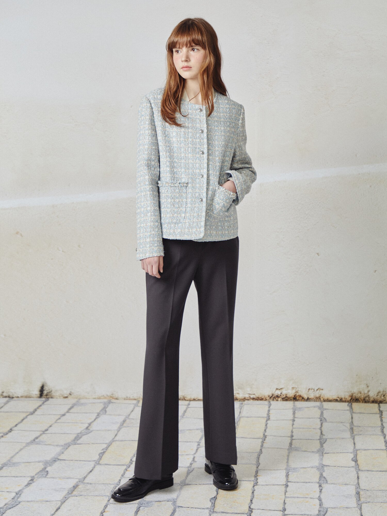 라운드넥 포켓 트위드 재킷 (SKY BLUE)