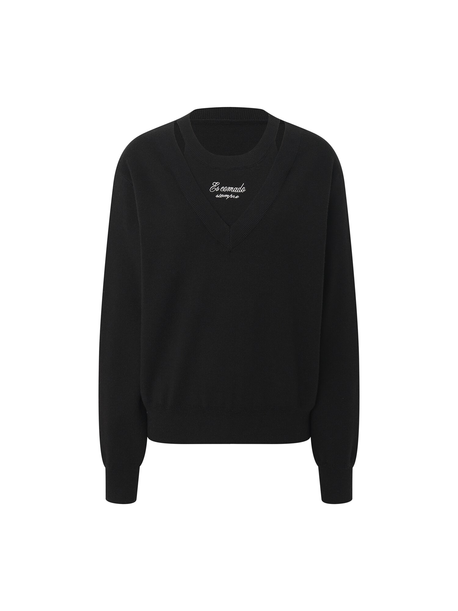 레이어드 브이넥 풀오버 니트 (BLACK)