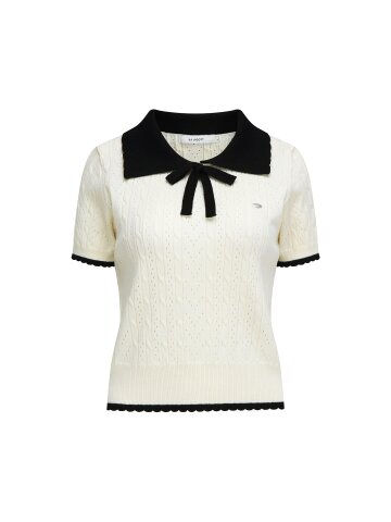 배색 리본 칼라 풀오버 니트 