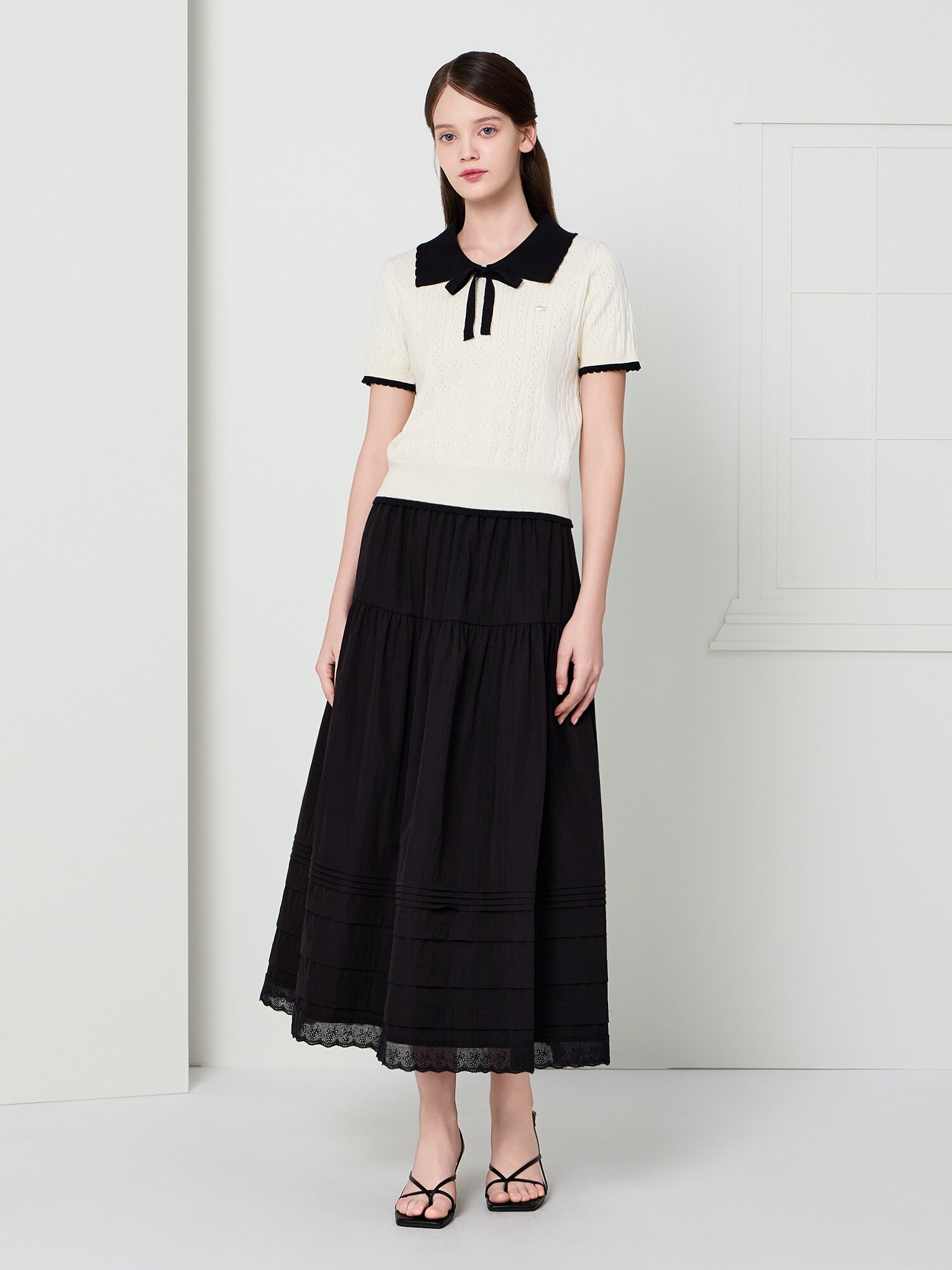배색 리본 칼라 풀오버 니트 (IVORY)