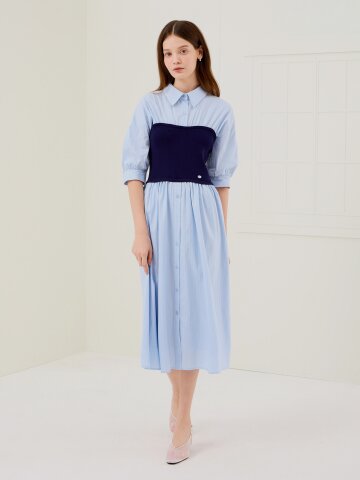 뷔스티에 배색 셔츠 플레어 원피스 