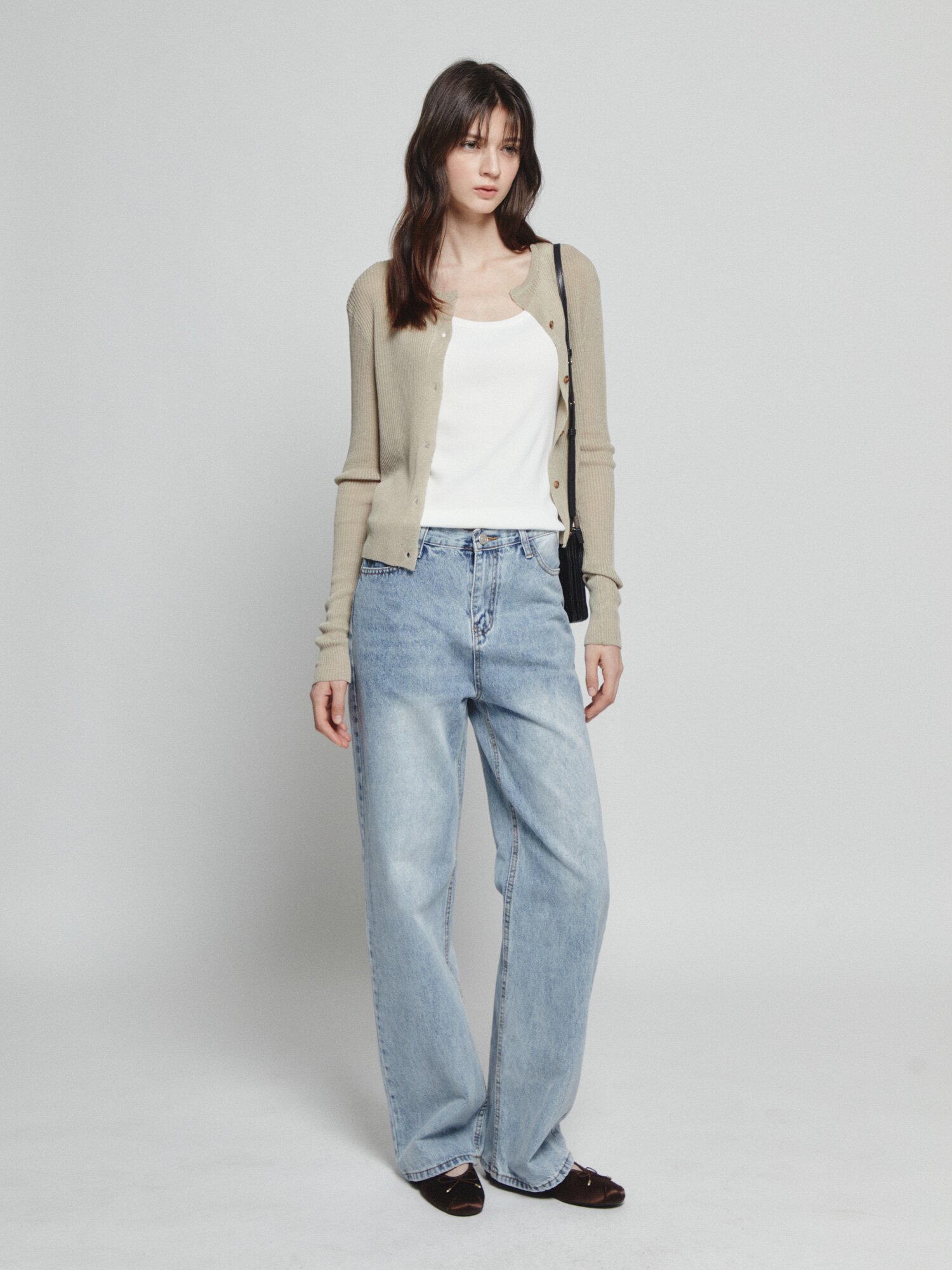 린넨 골지 슬릿넥 크롭 가디건 (LIGHT KHAKI)