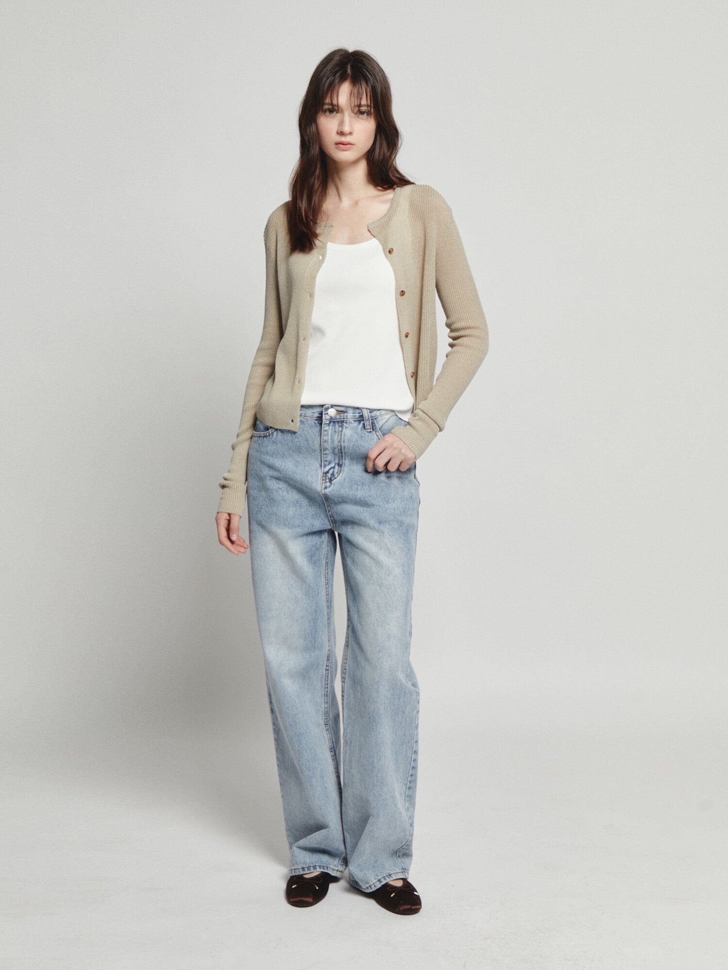 린넨 골지 슬릿넥 크롭 가디건 (LIGHT KHAKI)