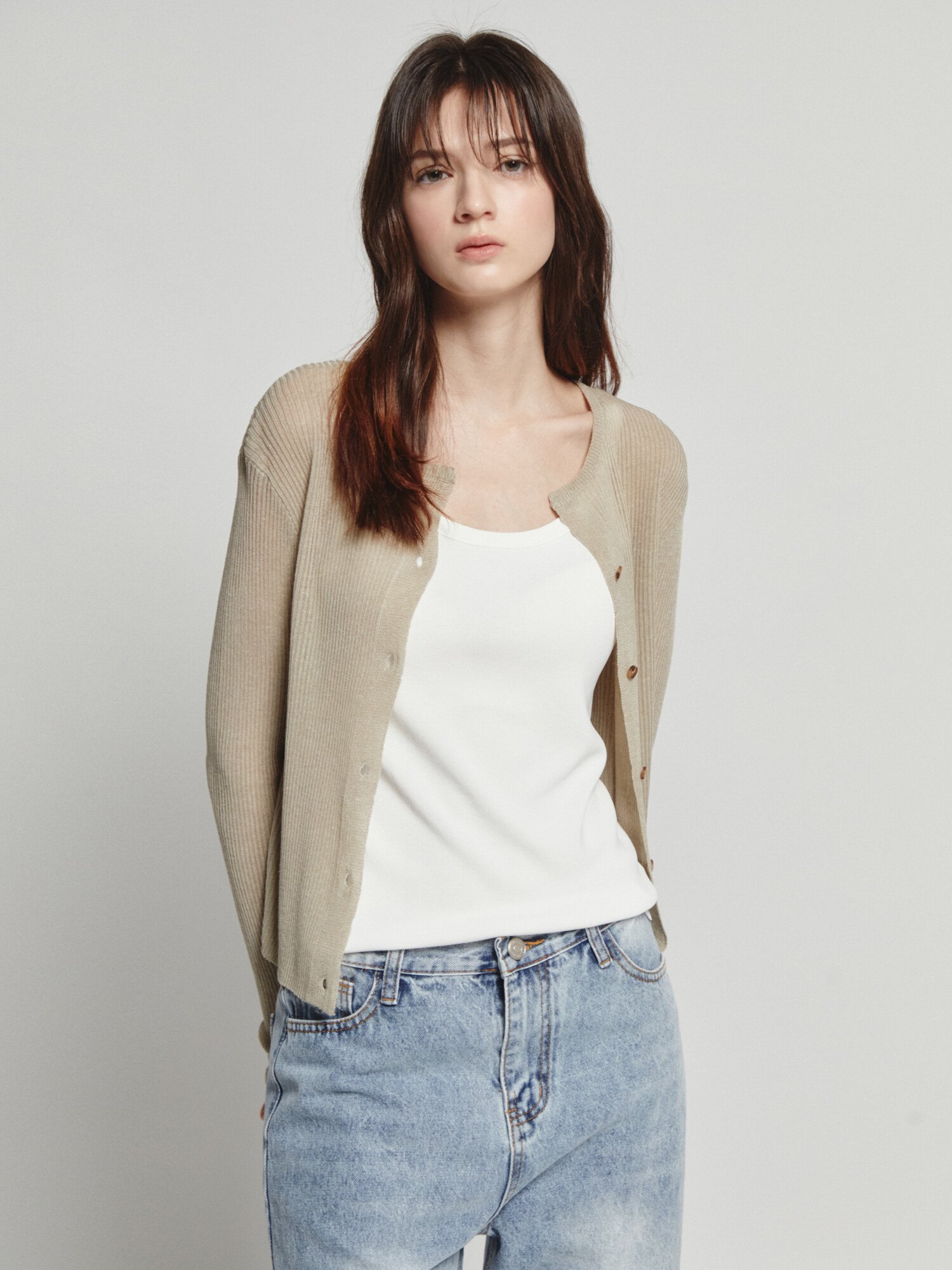 린넨 골지 슬릿넥 크롭 가디건 (LIGHT KHAKI)