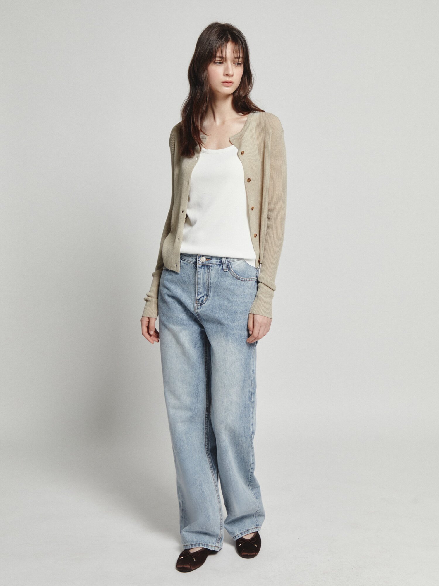 린넨 골지 슬릿넥 크롭 가디건 (LIGHT KHAKI)