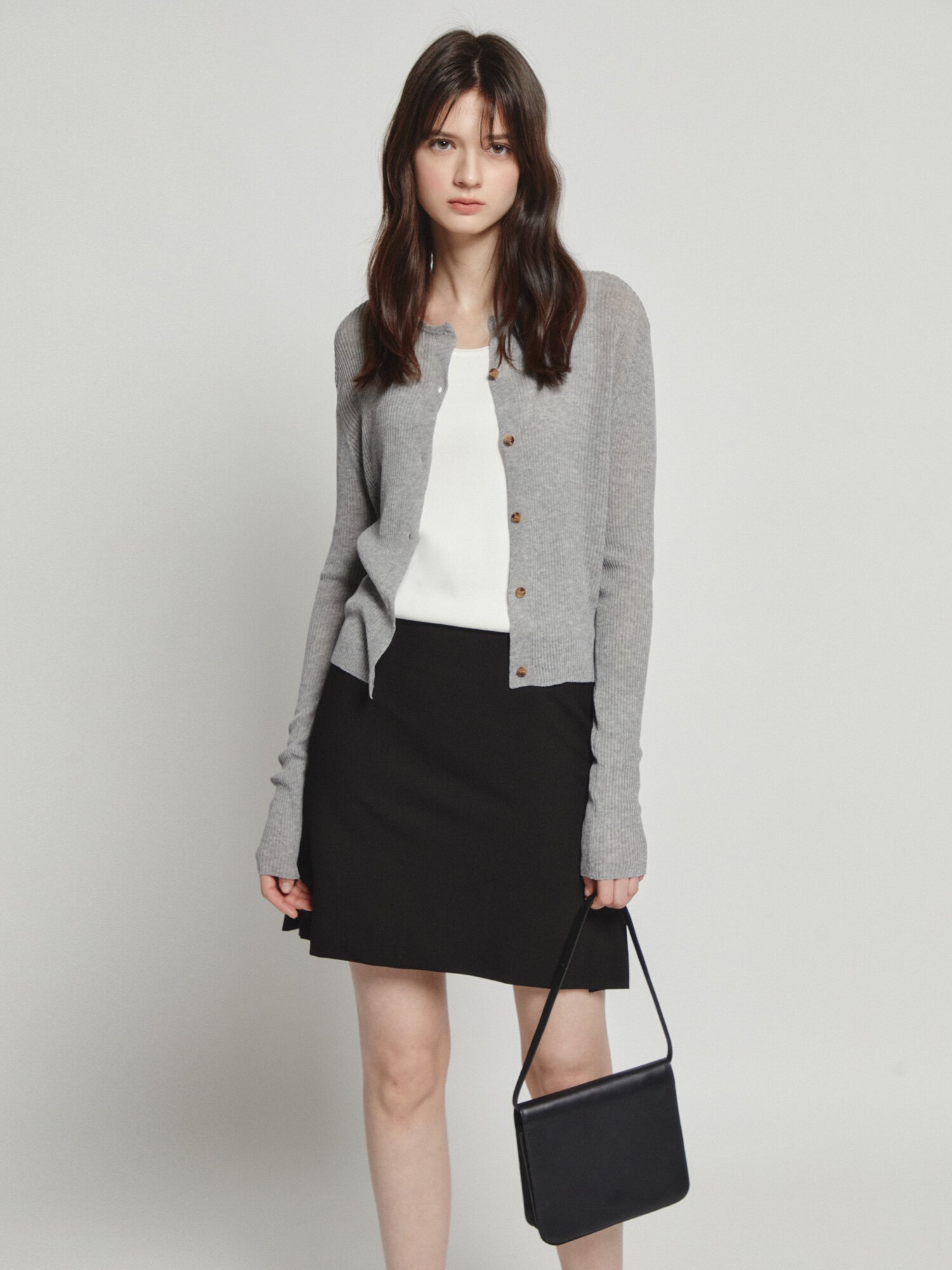 린넨 골지 슬릿넥 크롭 가디건 (LIGHT GREY)