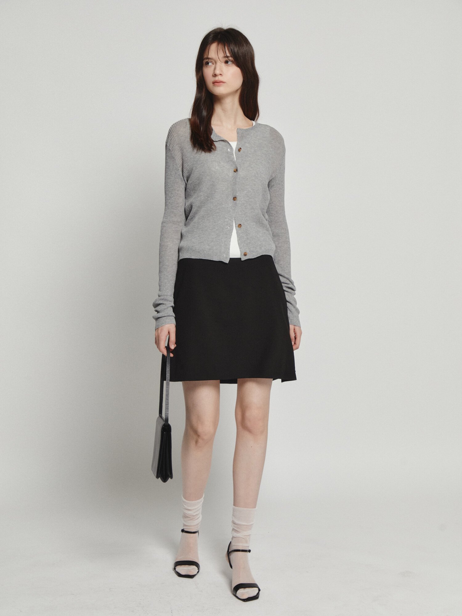 린넨 골지 슬릿넥 크롭 가디건 (LIGHT GREY)