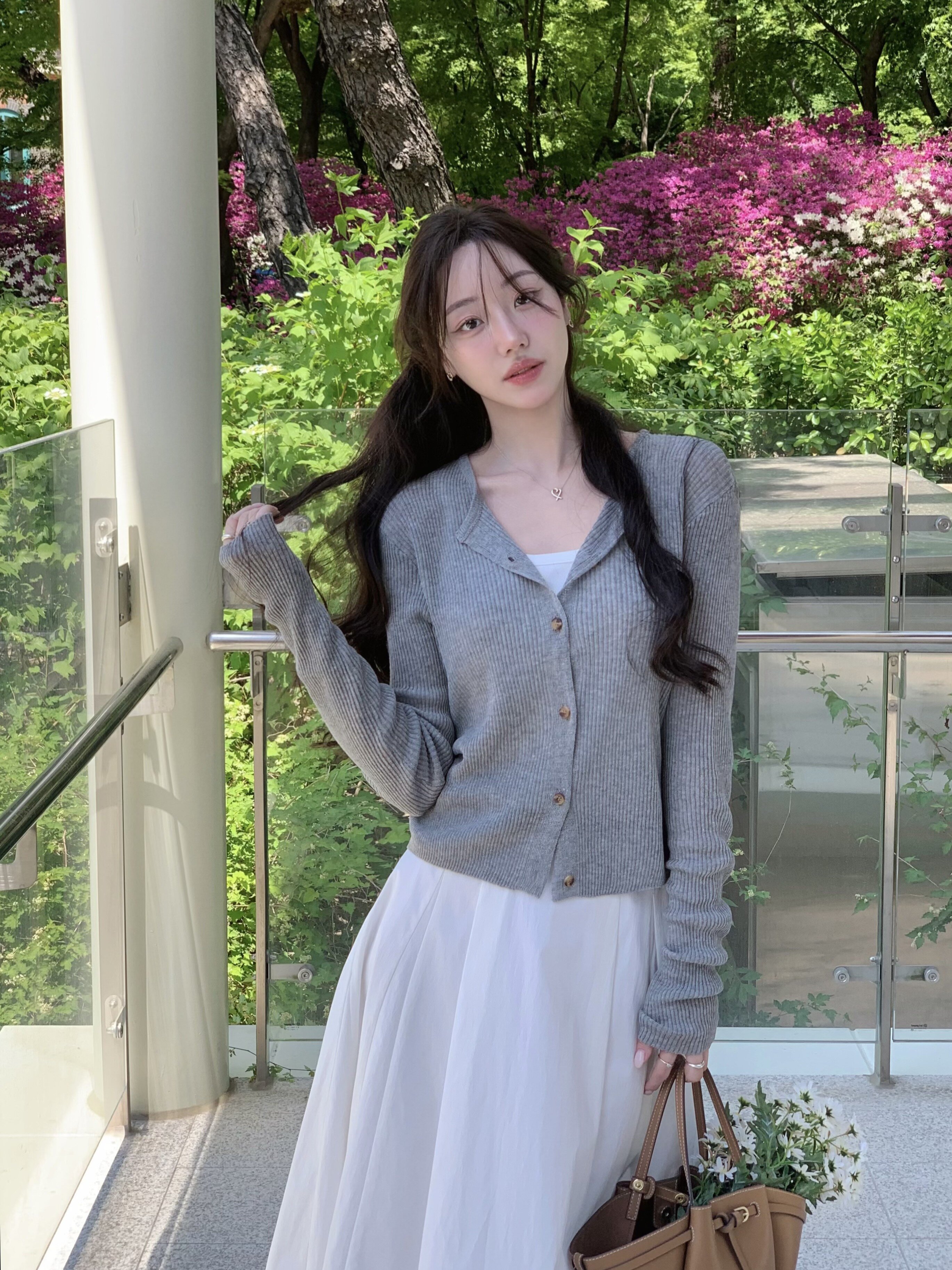 린넨 골지 슬릿넥 크롭 가디건 (LIGHT GREY)