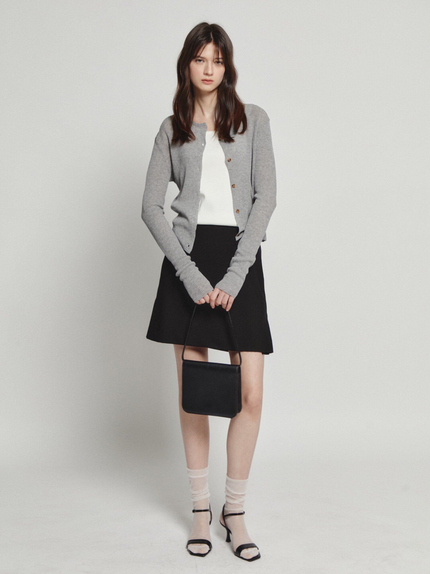 린넨 골지 슬릿넥 크롭 가디건 (LIGHT GREY)