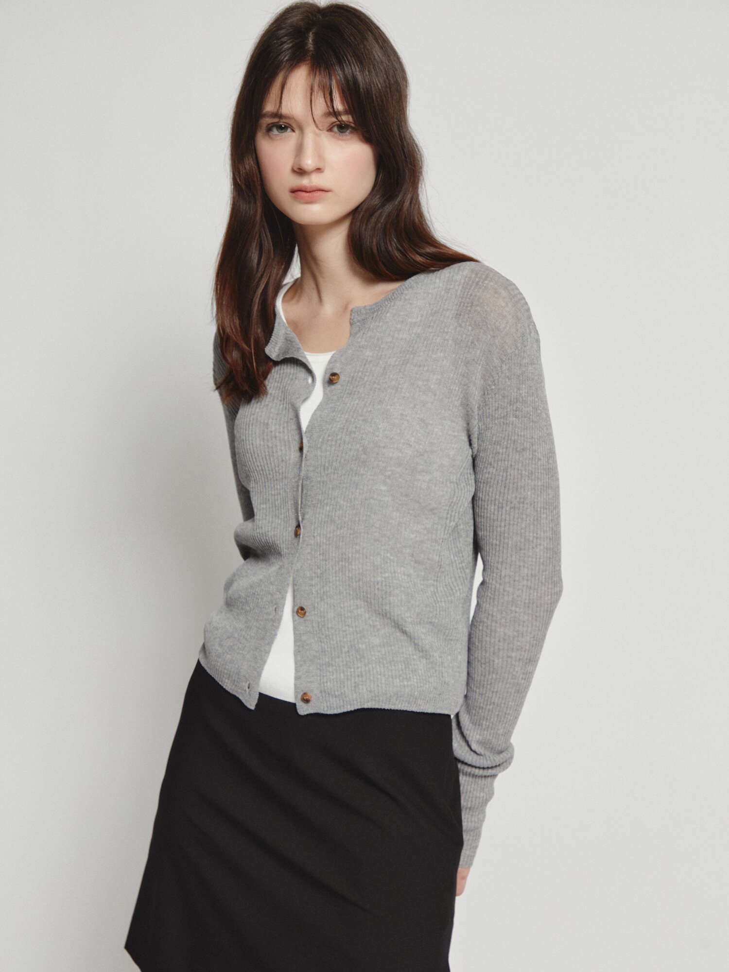 린넨 골지 슬릿넥 크롭 가디건 (LIGHT GREY)