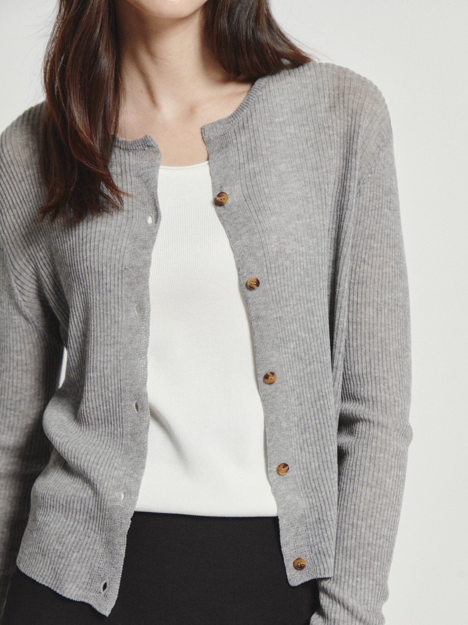 린넨 골지 슬릿넥 크롭 가디건 (LIGHT GREY)