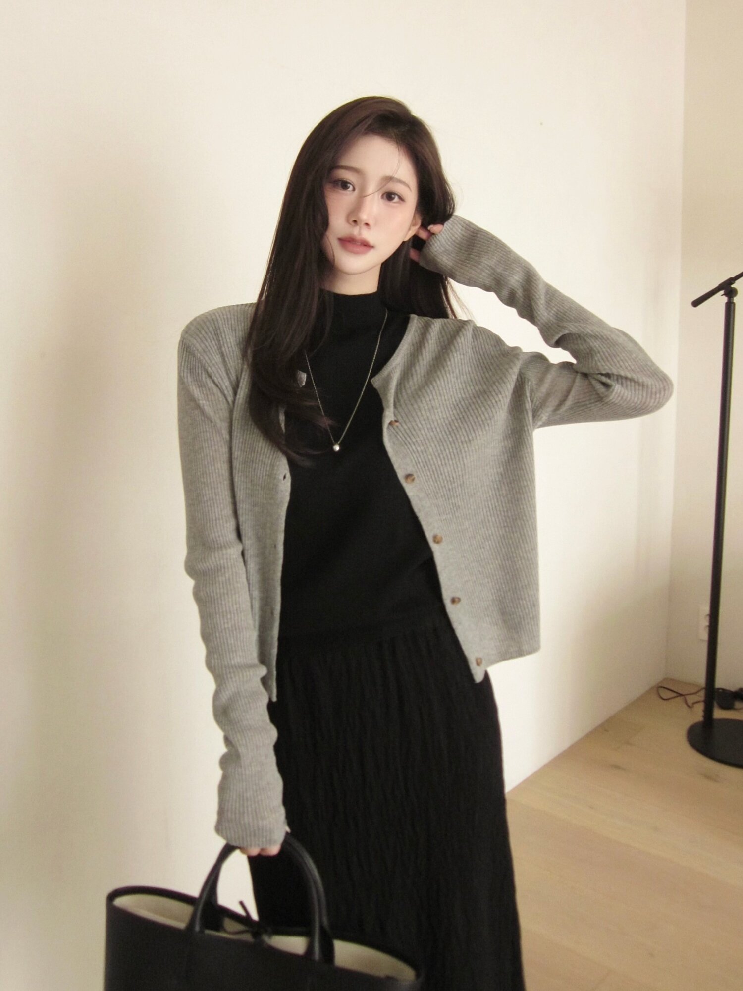 린넨 골지 슬릿넥 크롭 가디건 (LIGHT GREY)