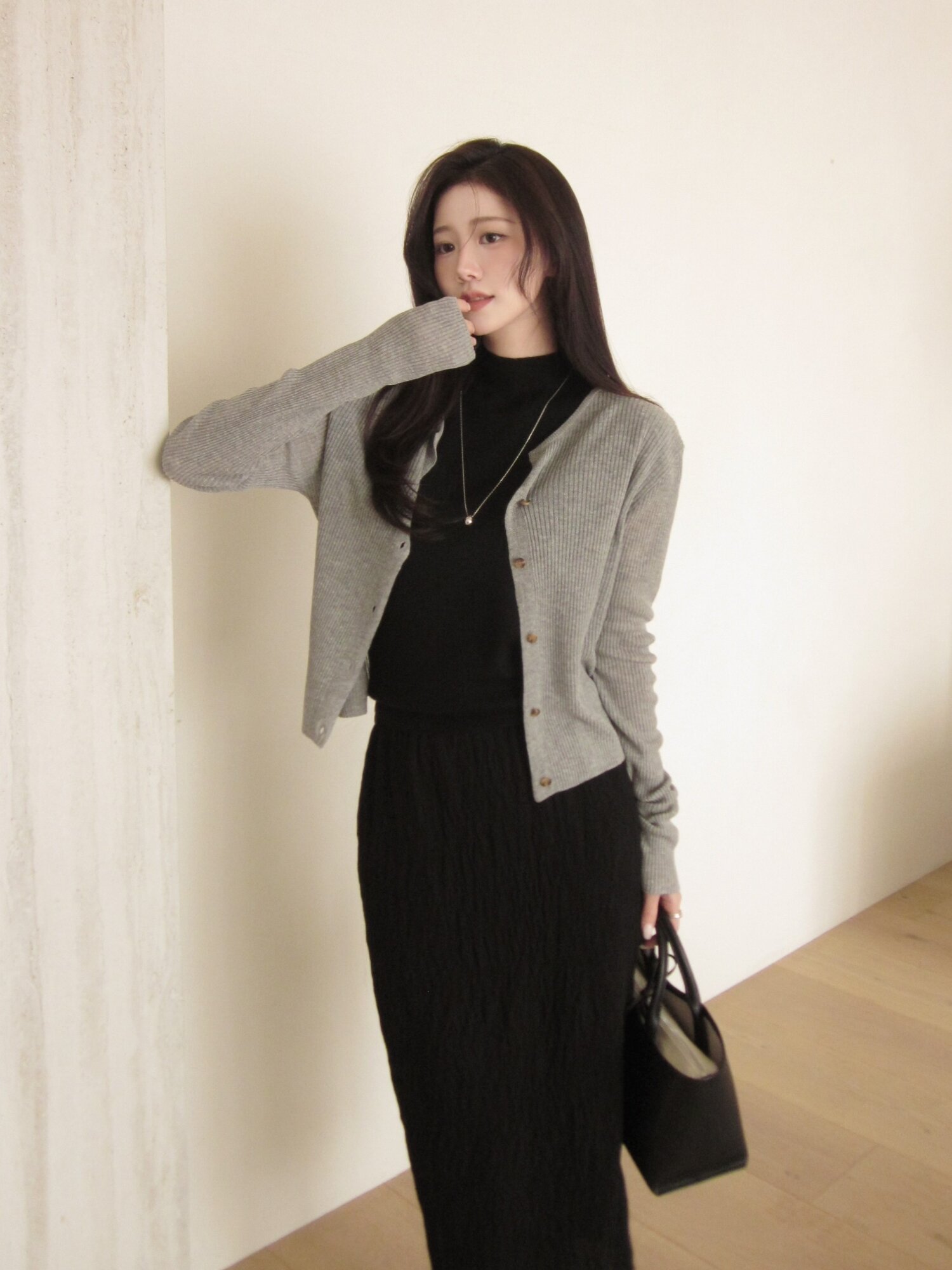 린넨 골지 슬릿넥 크롭 가디건 (LIGHT GREY)