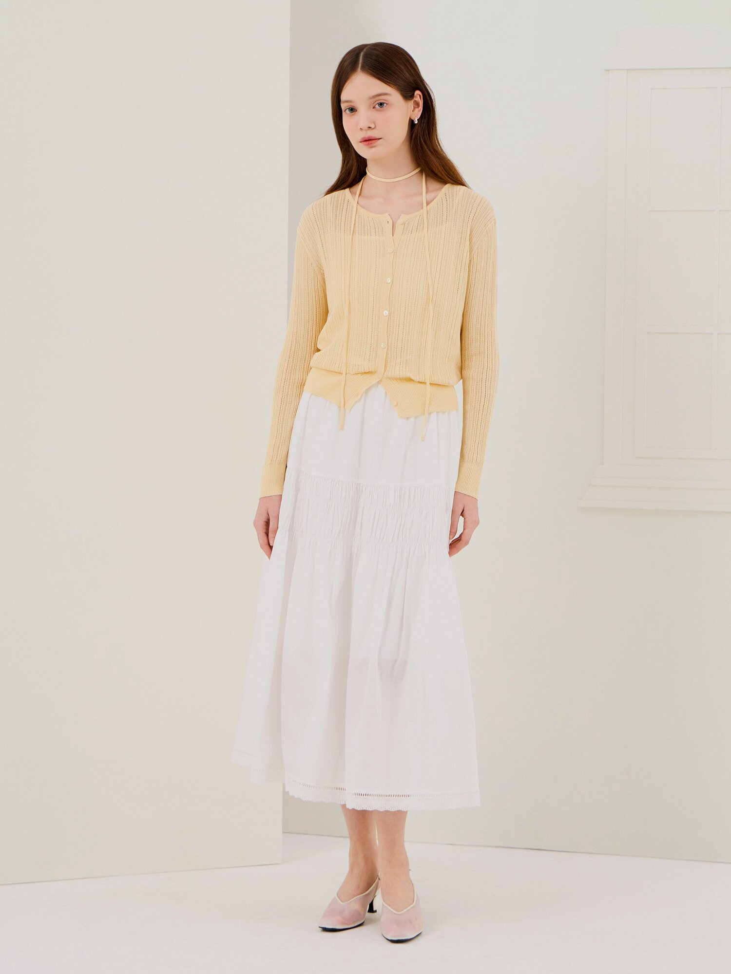 코튼 티어드 밴딩 스커트 (WHITE)