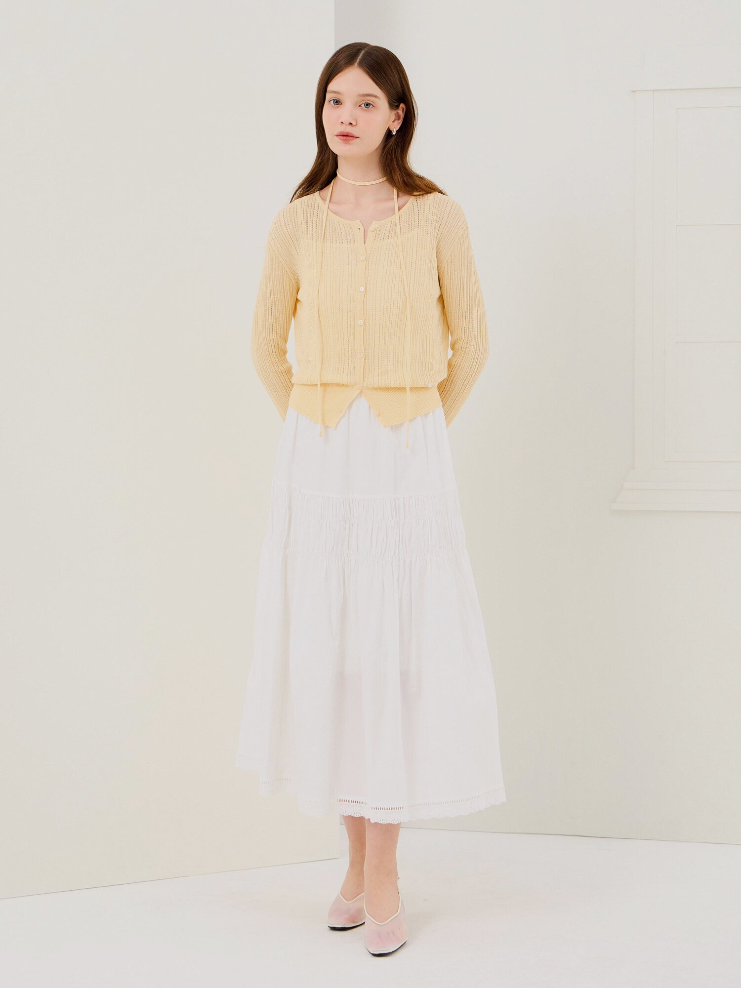 코튼 티어드 밴딩 스커트 (WHITE)