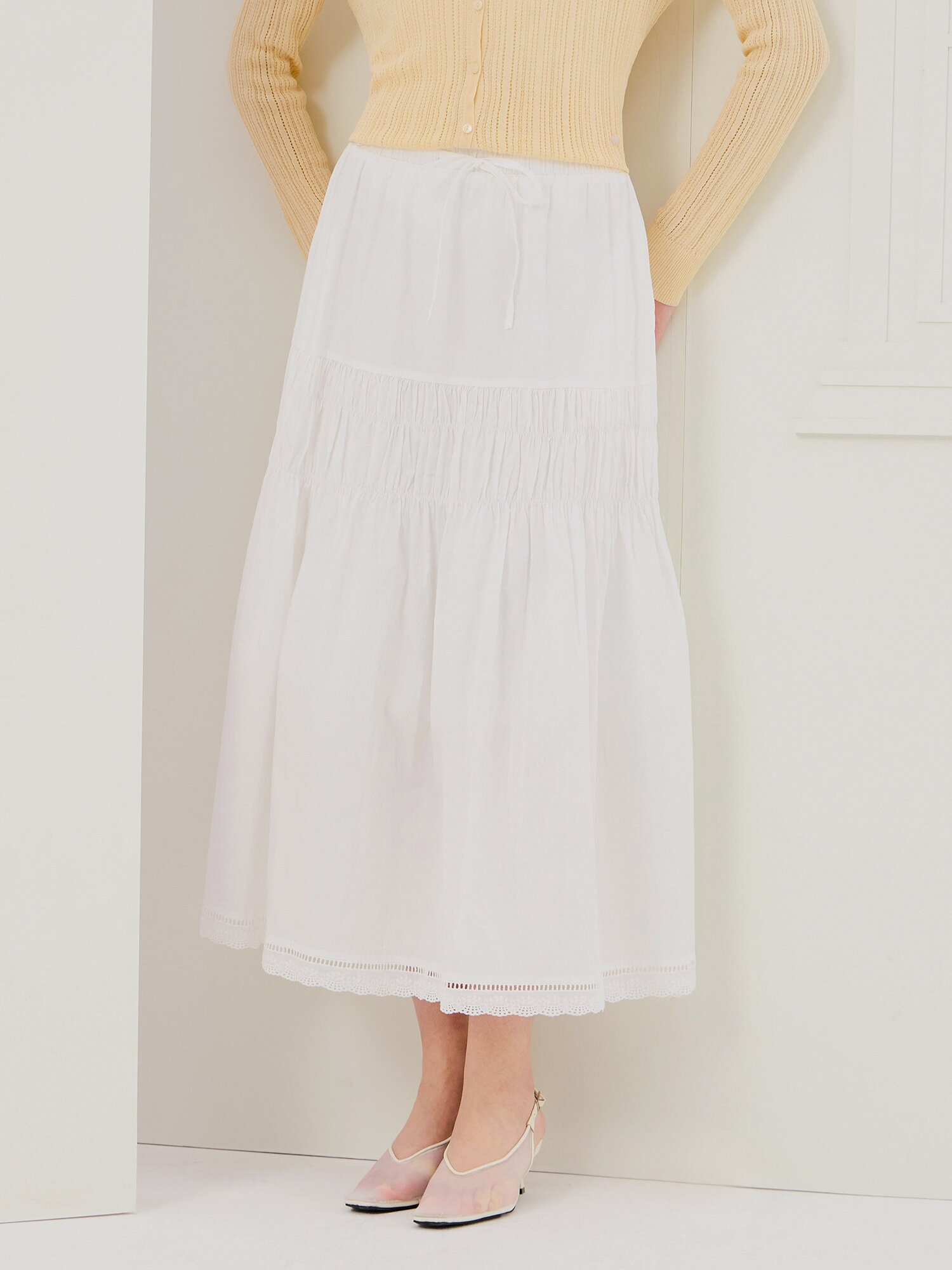 코튼 티어드 밴딩 스커트 (WHITE)