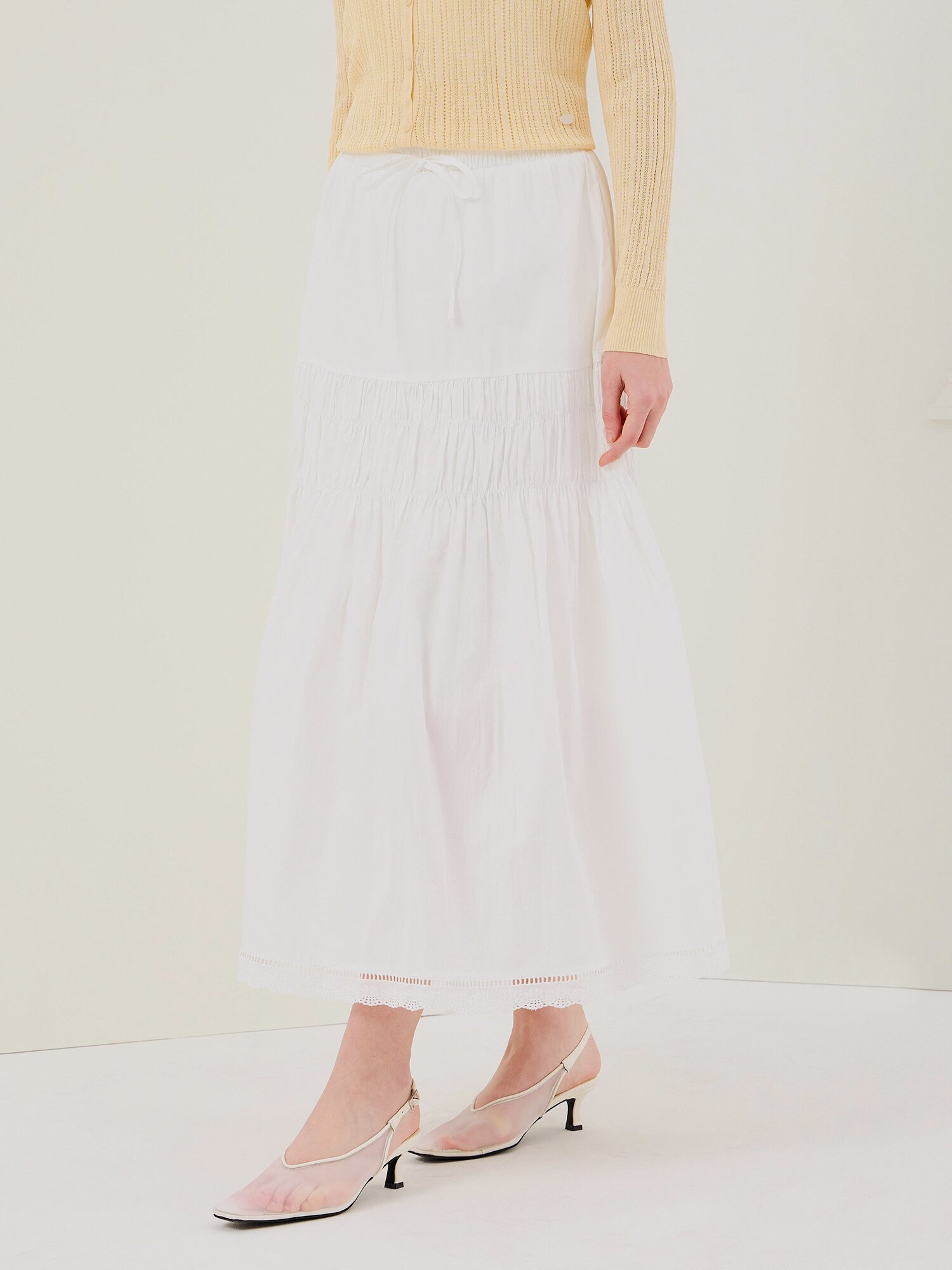 코튼 티어드 밴딩 스커트 (WHITE)