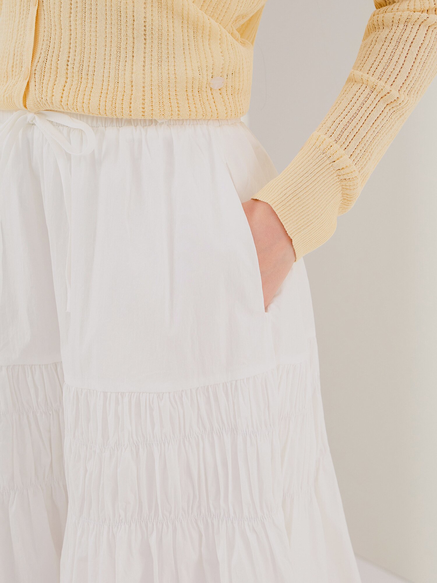 코튼 티어드 밴딩 스커트 (WHITE)