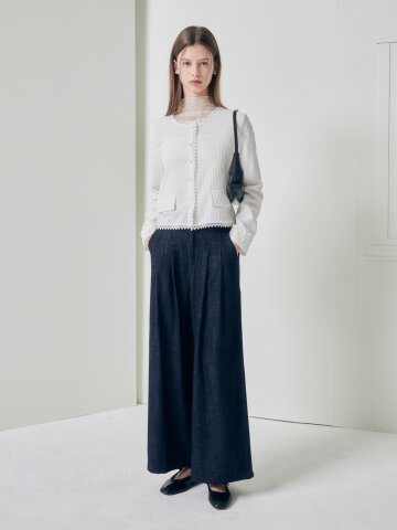 린넨 백 밴딩 와이드 데님 팬츠 