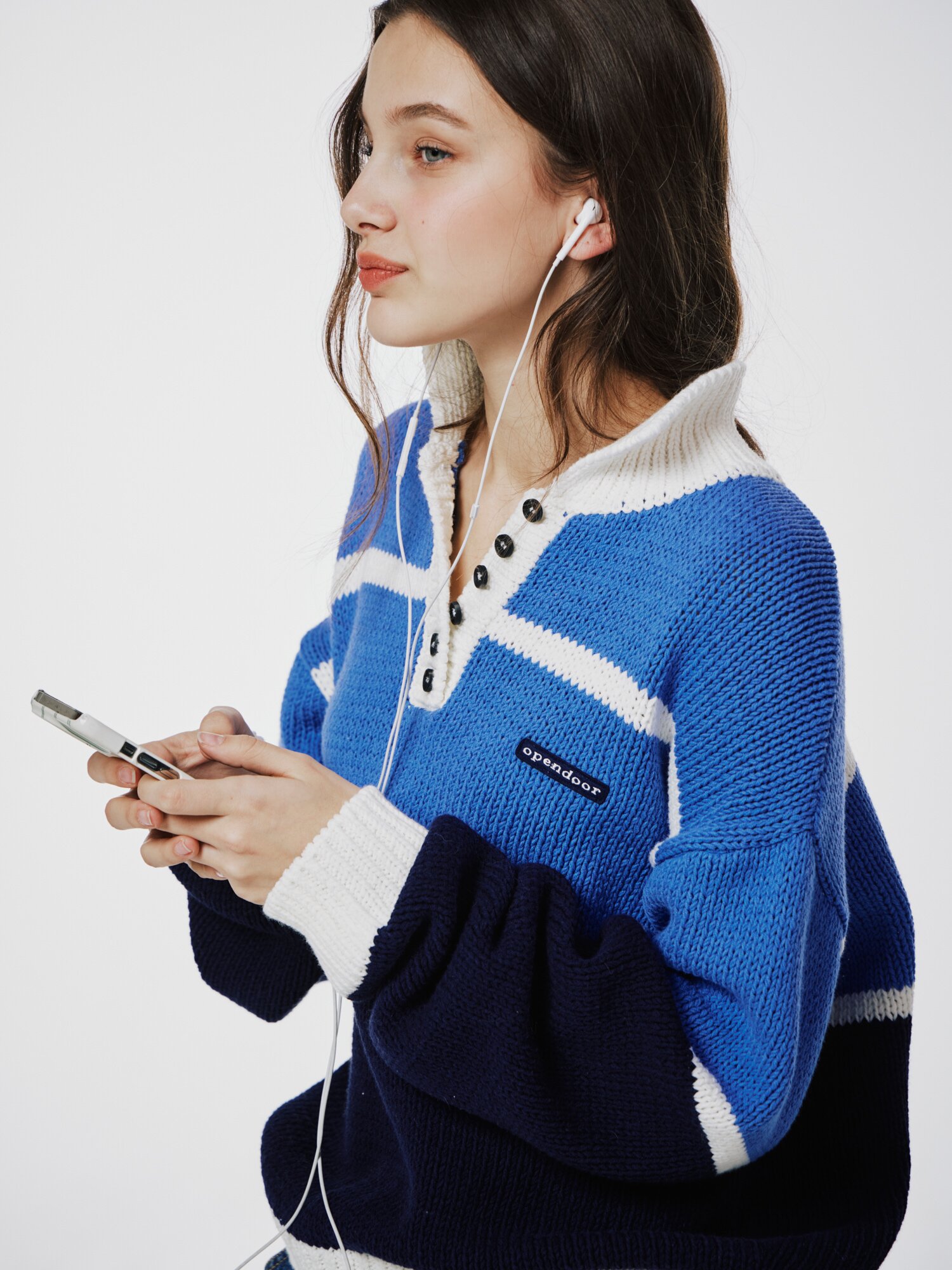 Color block stripe shirts knit Blue