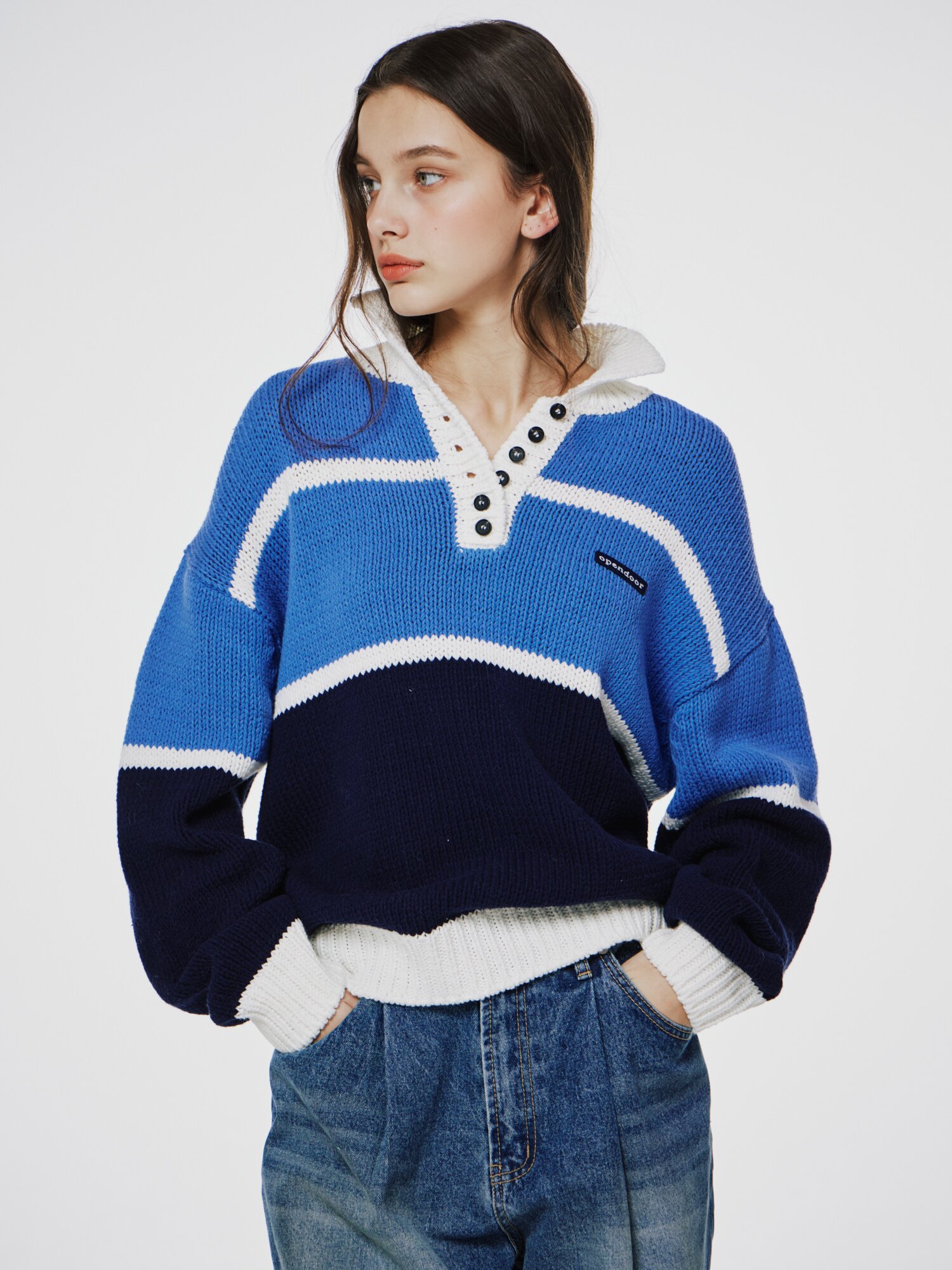 Color block stripe shirts knit Blue