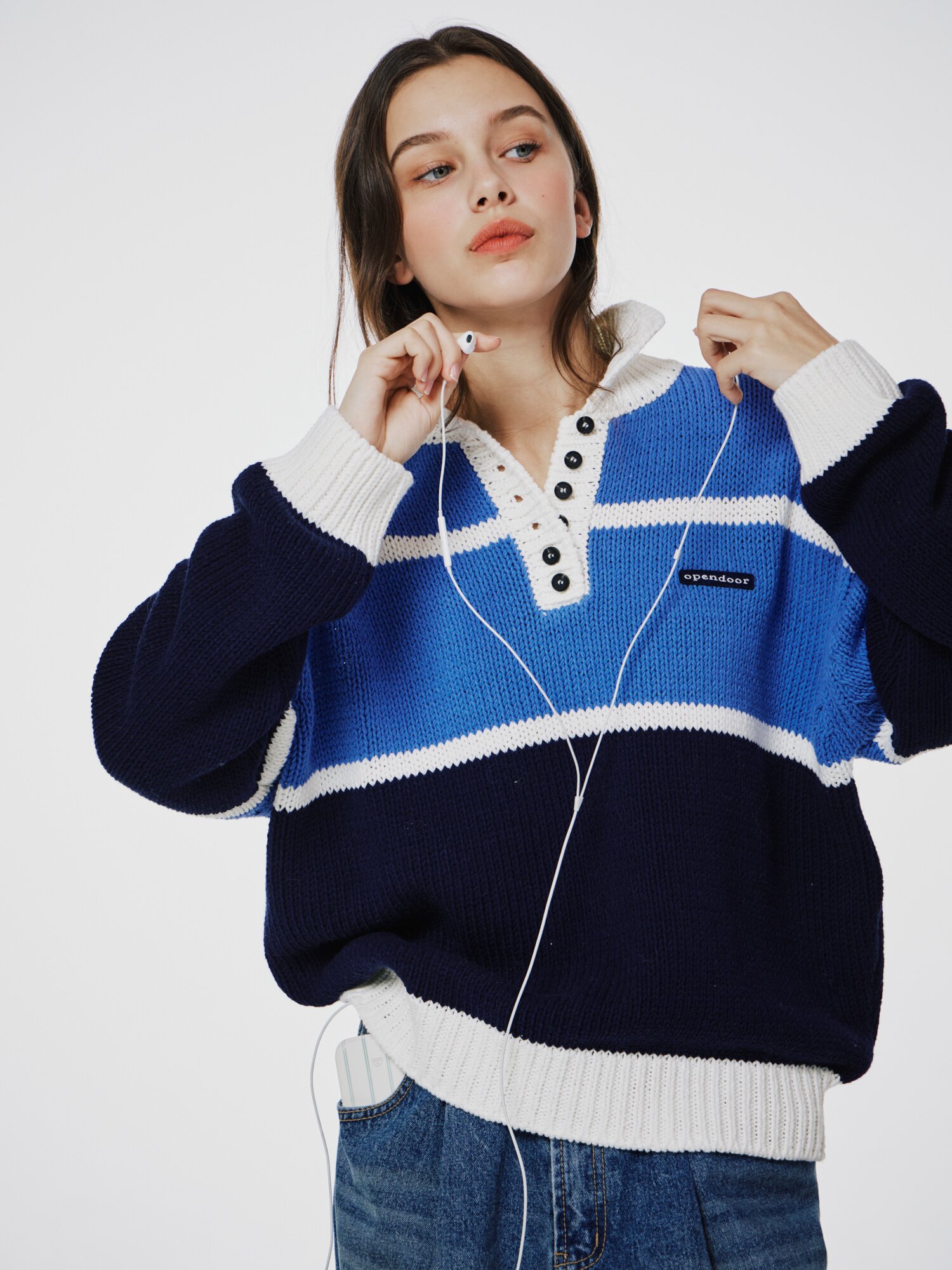 Color block stripe shirts knit Blue