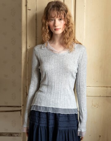Lace layered vneck knitwear_3color