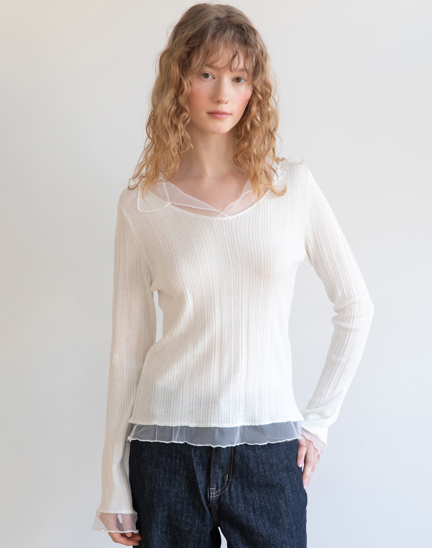 Lace layered vneck knitwear_3color