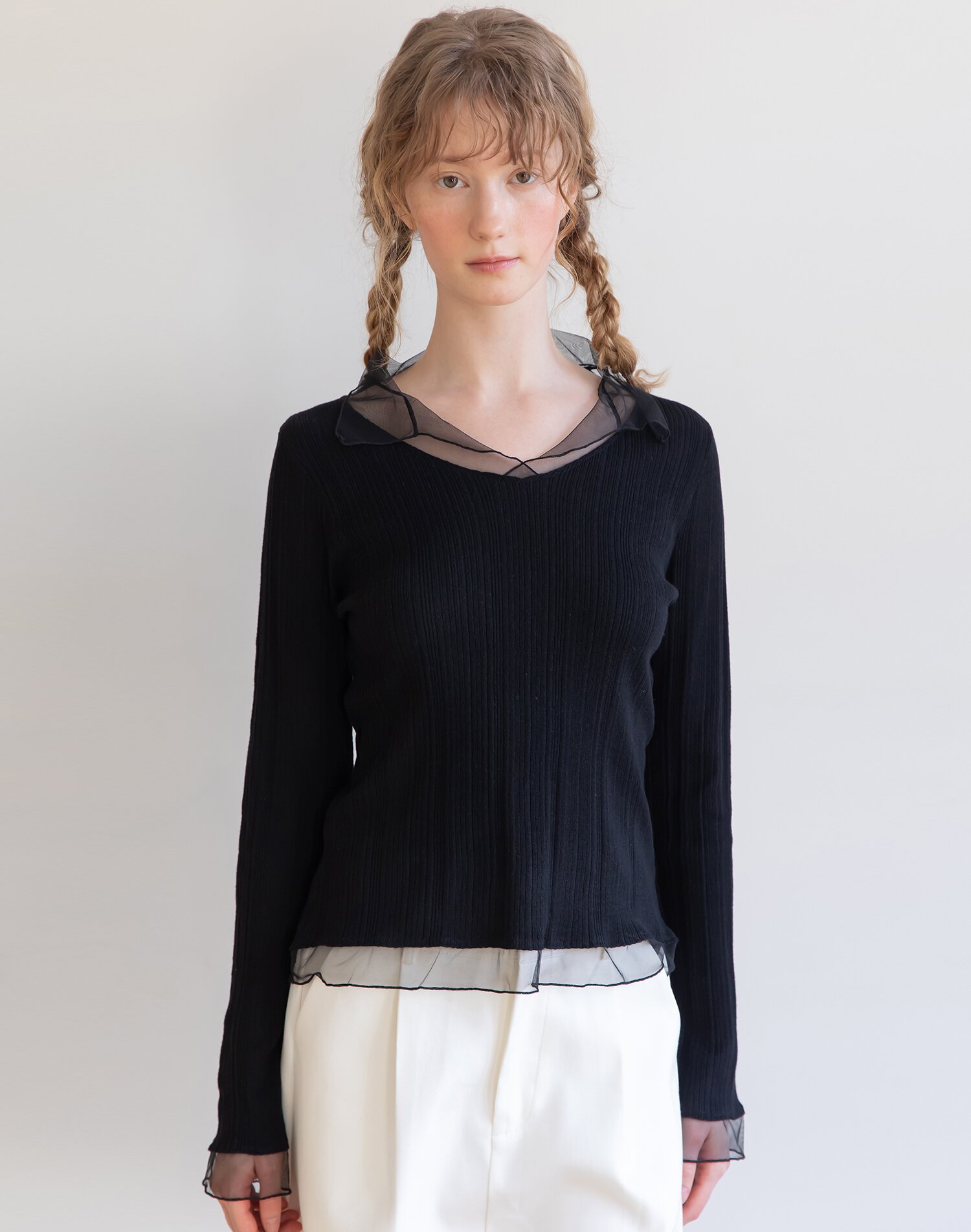 Lace layered vneck knitwear_3color