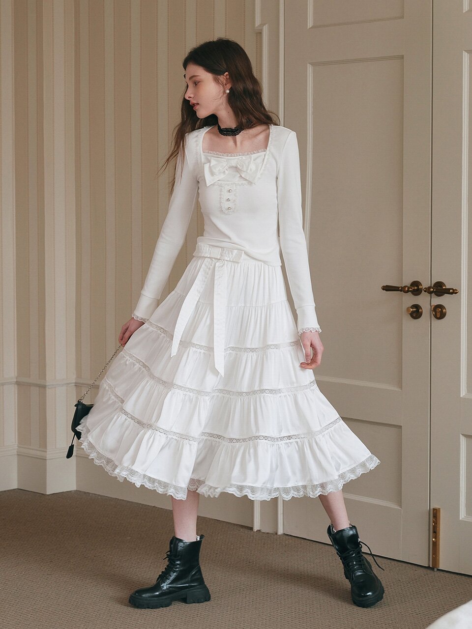 Cest_Ribbon lace tiered skirt