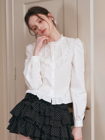 Cest_Lace panel puff sleeve blouse