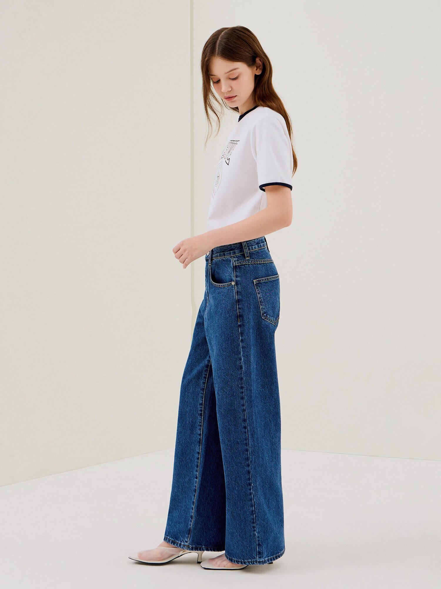 코튼 세미 와이드 데님 팬츠 (BLUE)