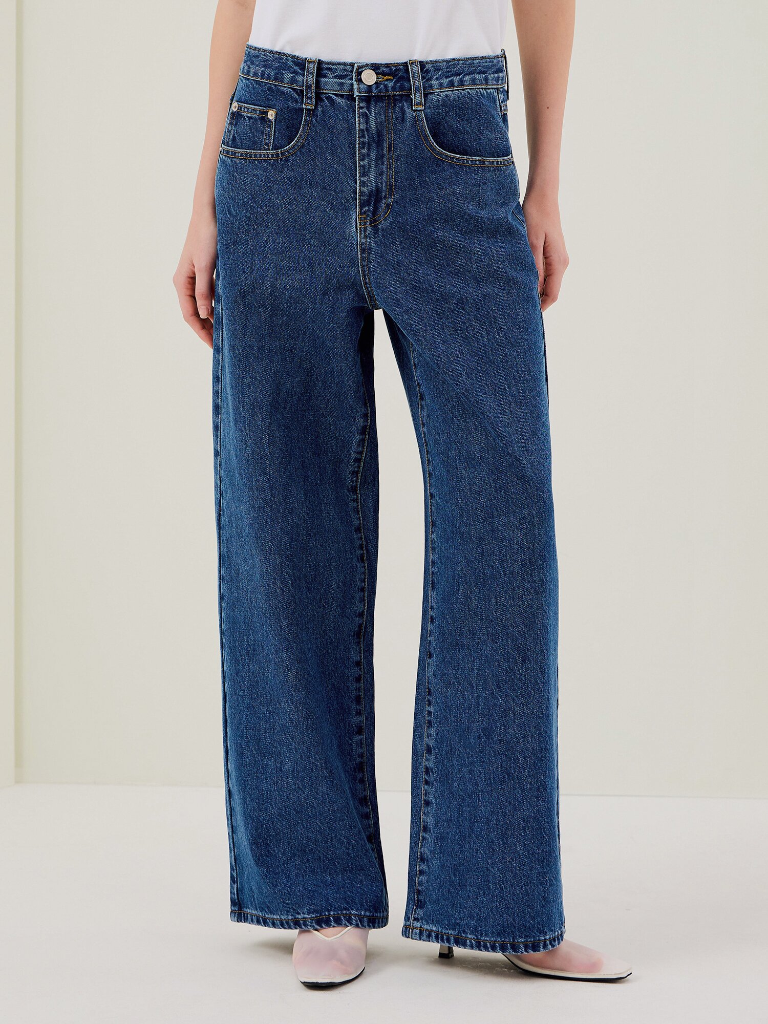 코튼 세미 와이드 데님 팬츠 (BLUE)