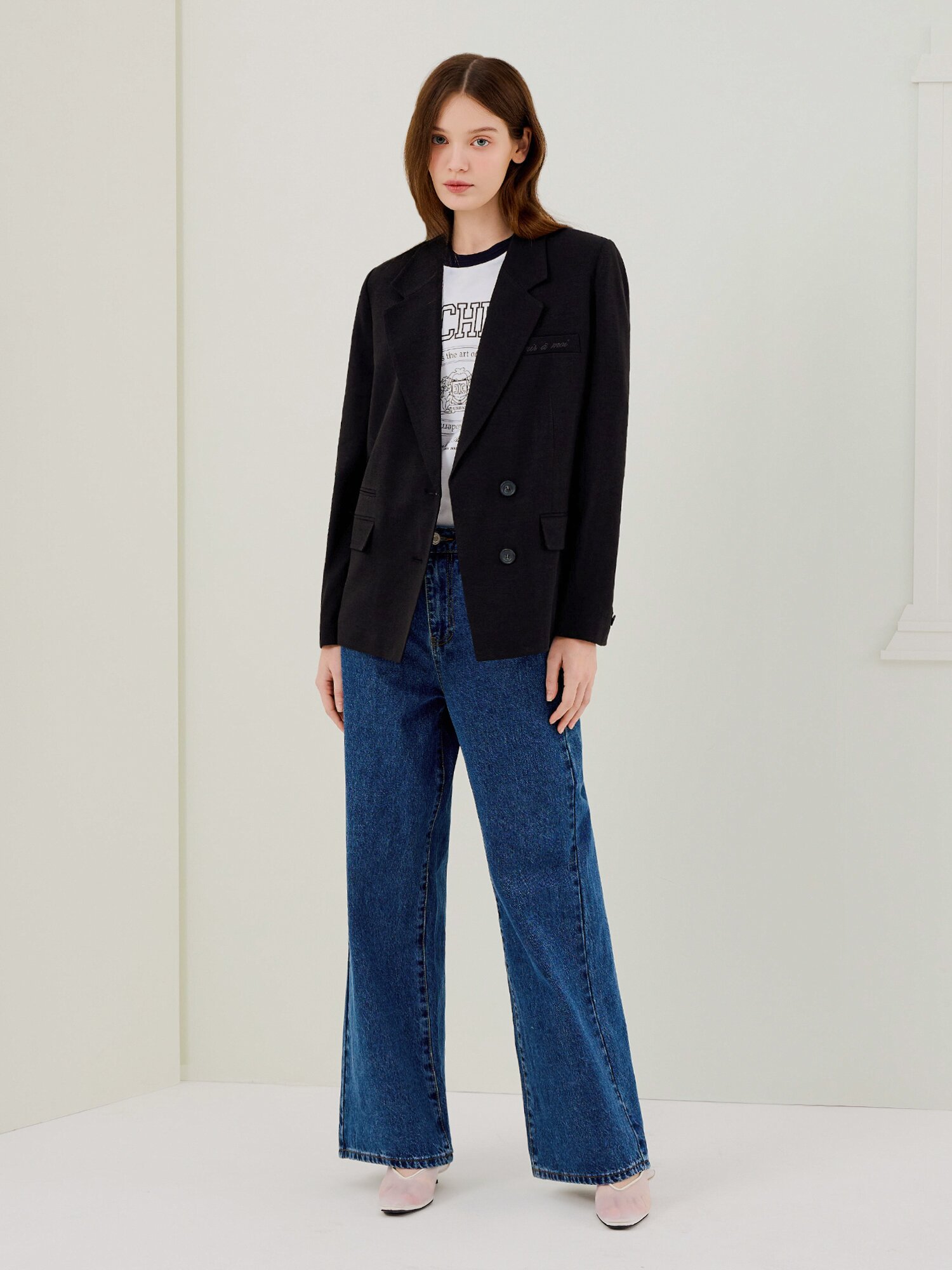 코튼 세미 와이드 데님 팬츠 (BLUE)