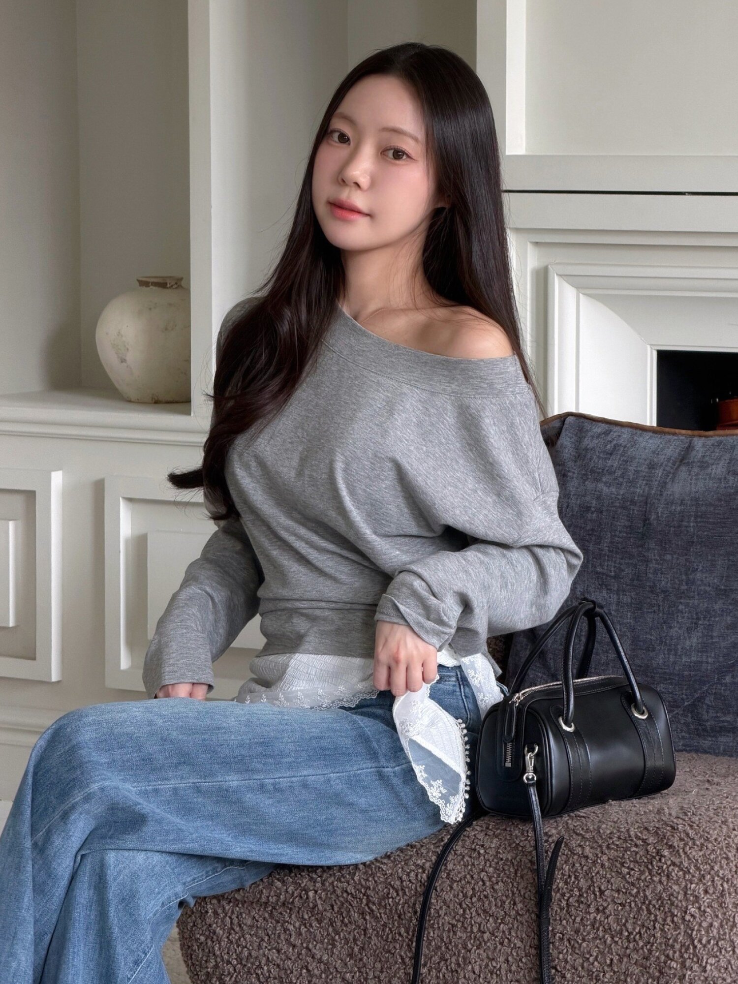 코튼 버튼 오프 숄더 티셔츠 (GREY)