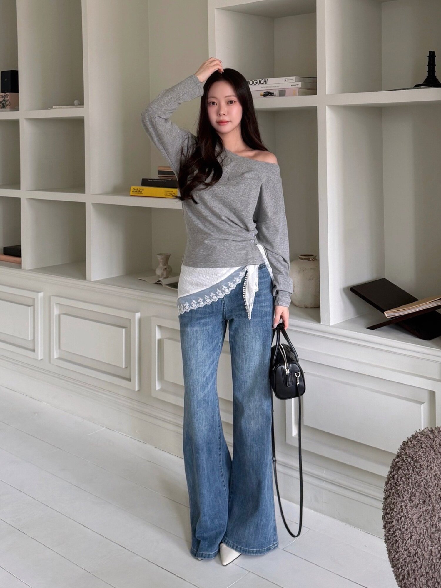 코튼 버튼 오프 숄더 티셔츠 (GREY)