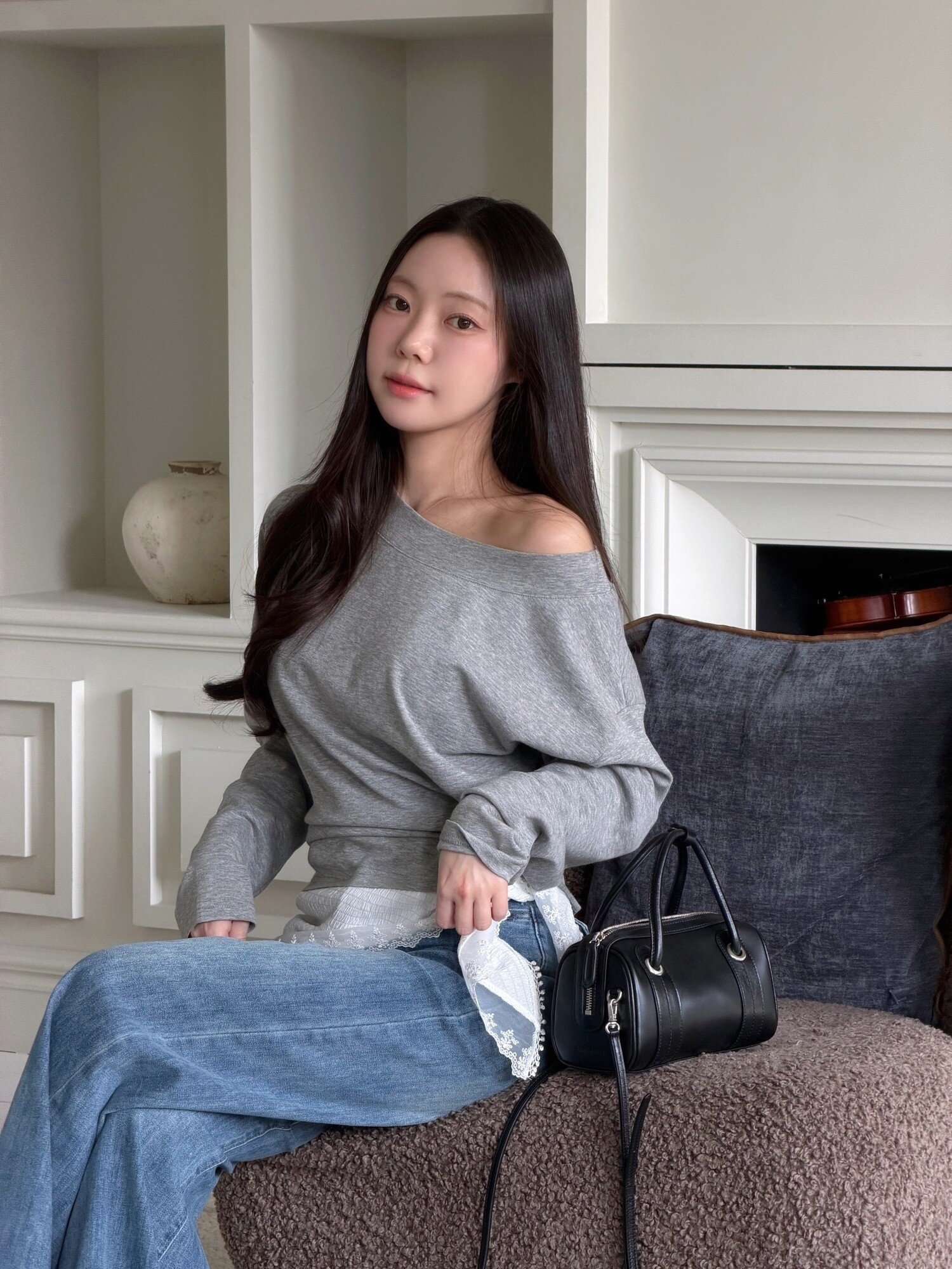 코튼 버튼 오프 숄더 티셔츠 (GREY)