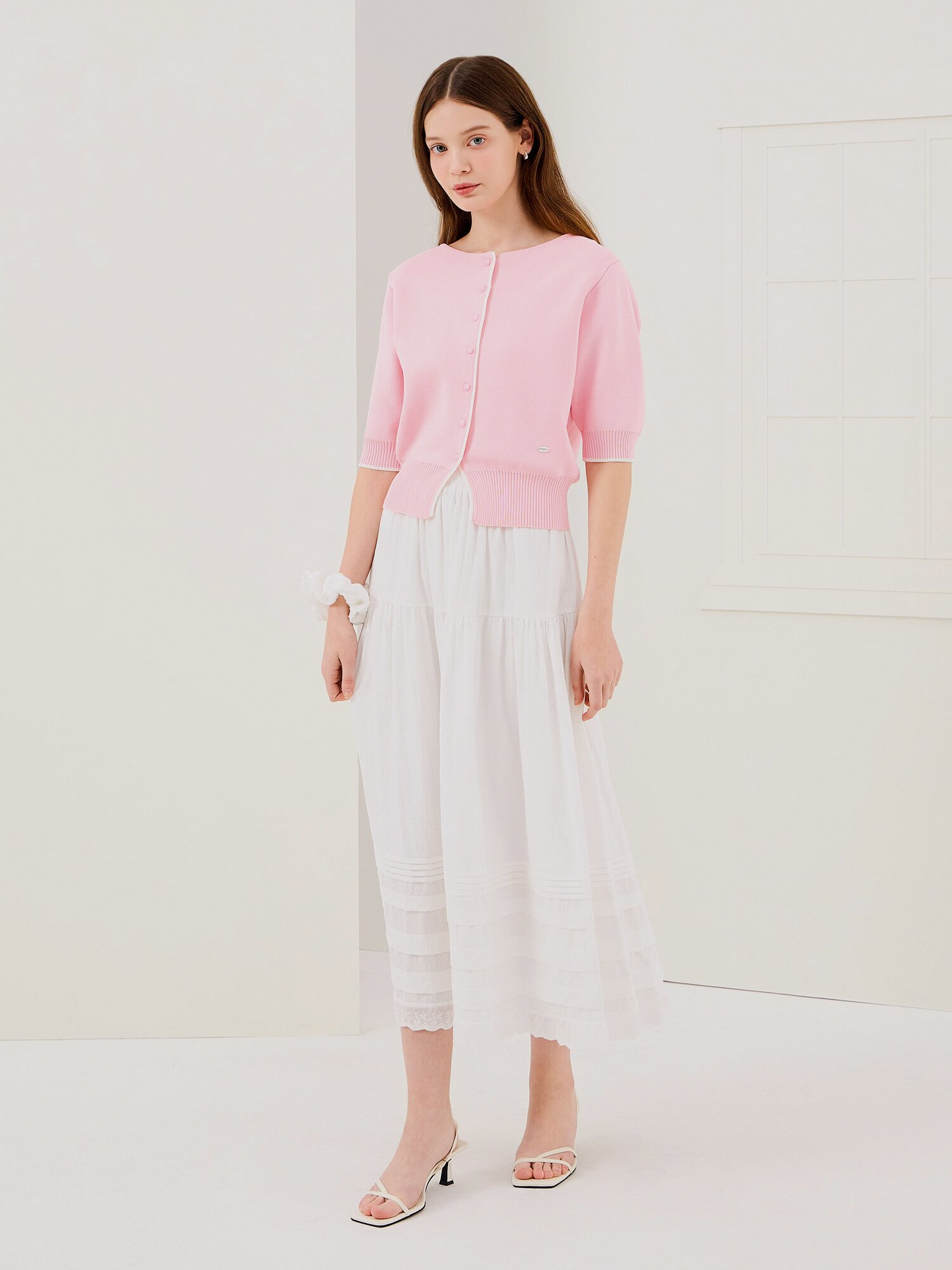 레이스 헴 티어드 밴딩 스커트 (WHITE)